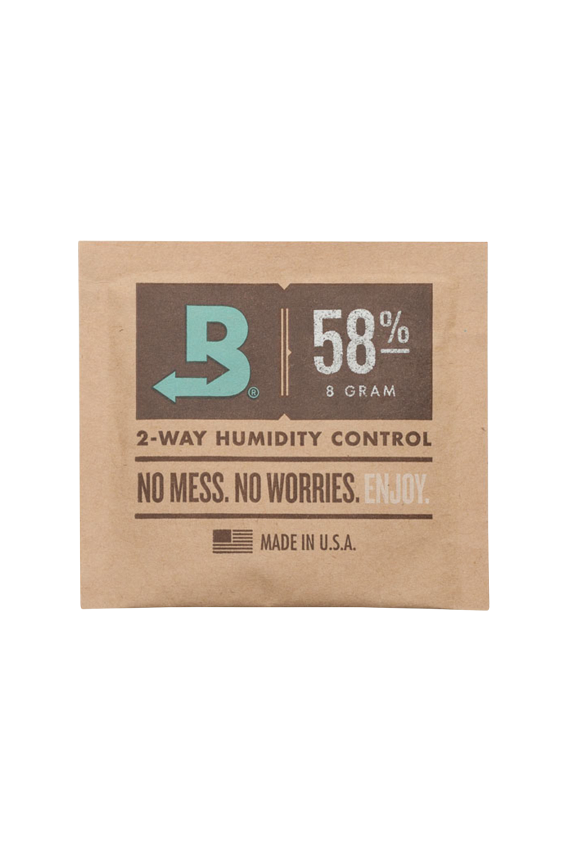 A close-up of the Boveda Humidity Control Pack for Dry Herbs - 58%, showing its packaging with a blue logo and percentage display.