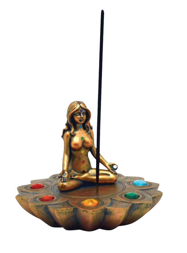 The Bronze Chakra Stones Incense Burner features a sculpted figure atop a circular stone base, illuminated by a burning incense stick.
