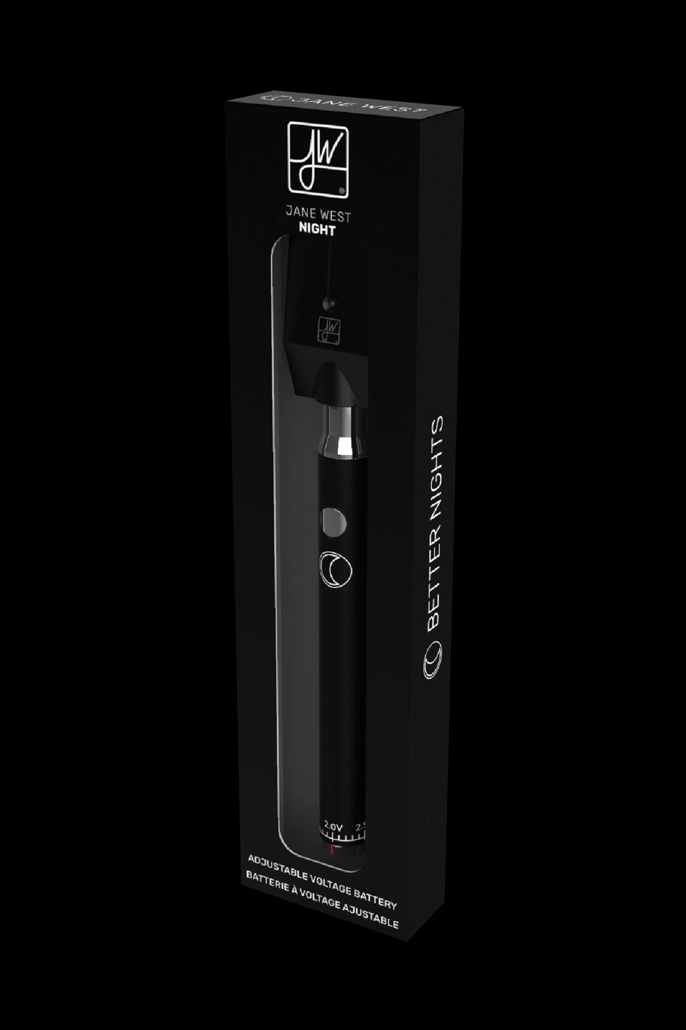 Black vape pen battery packaging for “Jane West Night” with adjustable voltage control.