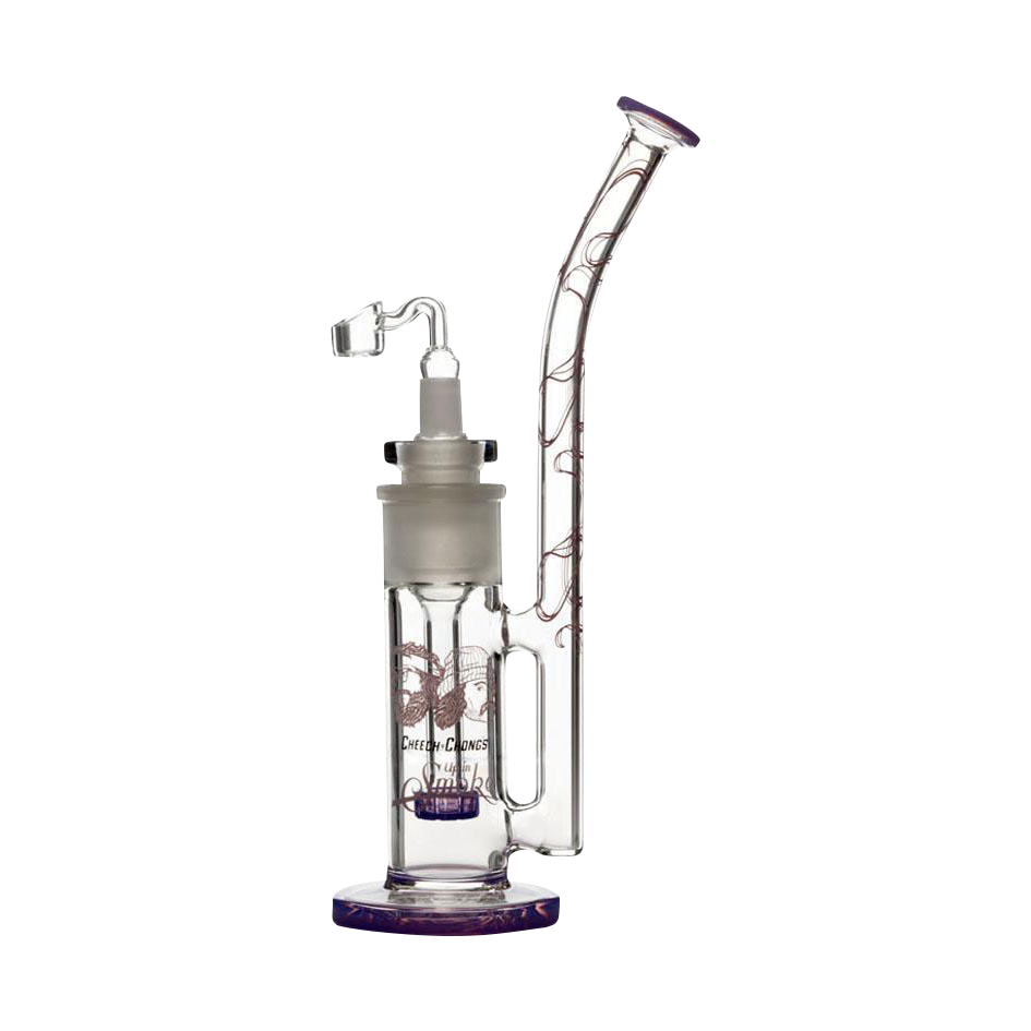 A three-quarter view of the Cheech & Chong "Tied Stick" Dab Rig Bubbler, a clear glass piece with a unique curved design.