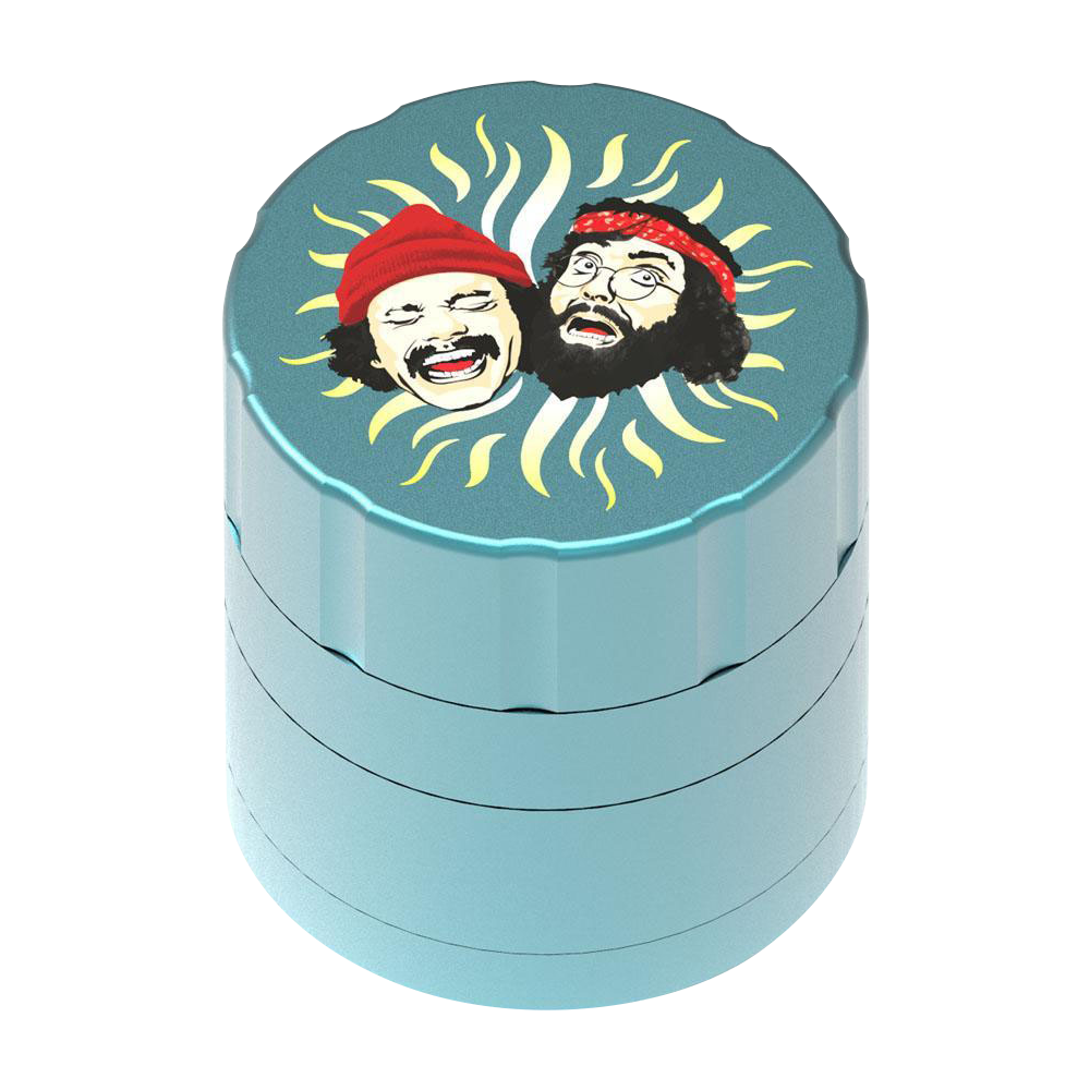 Front view of the Cheech & Chong 40th Anniversary Grinder, featuring a silver metallic finish and stylized, radiating lines.