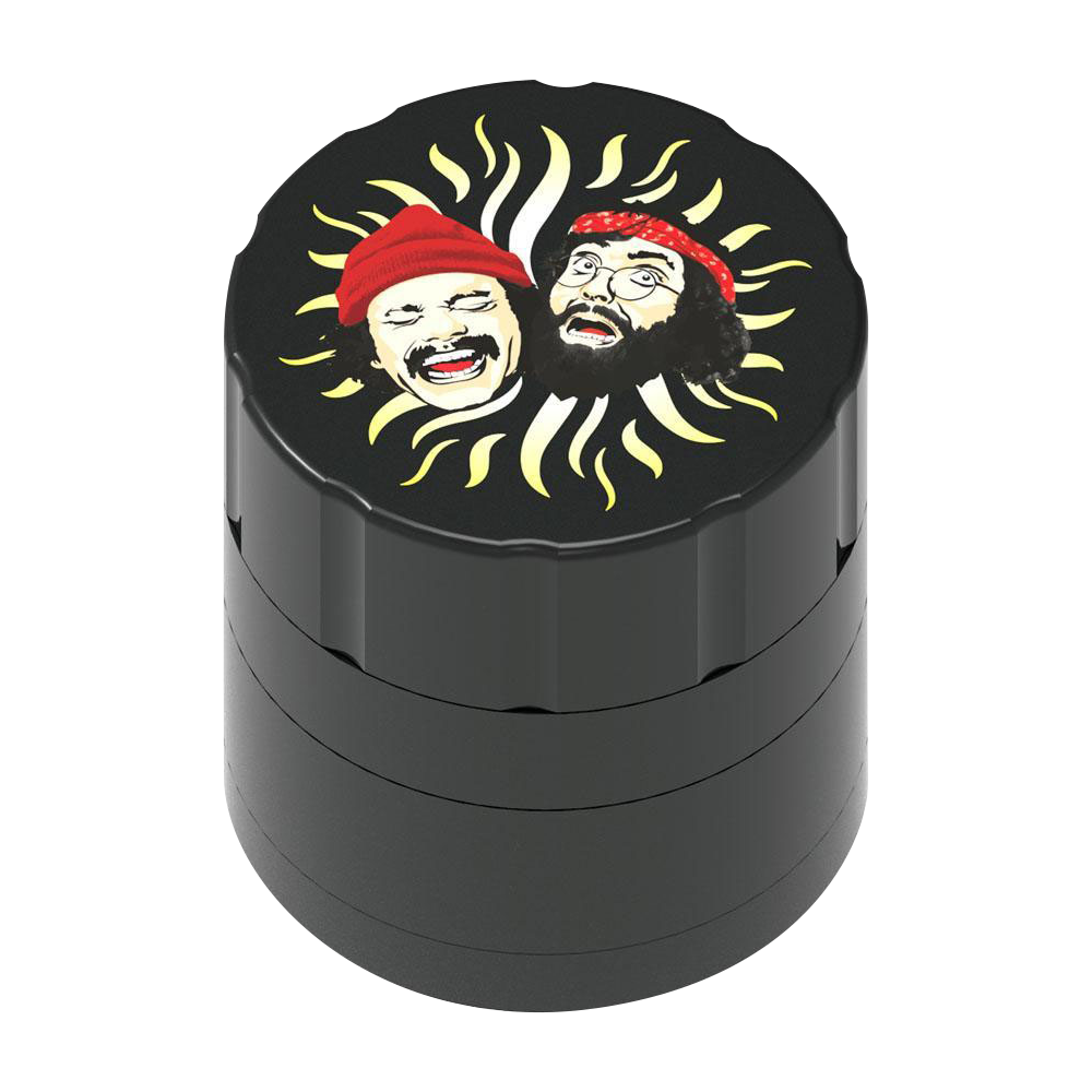 Front view of the Cheech & Chong 40th Anniversary Grinder, a black metal grinder with a circular portrait design.
