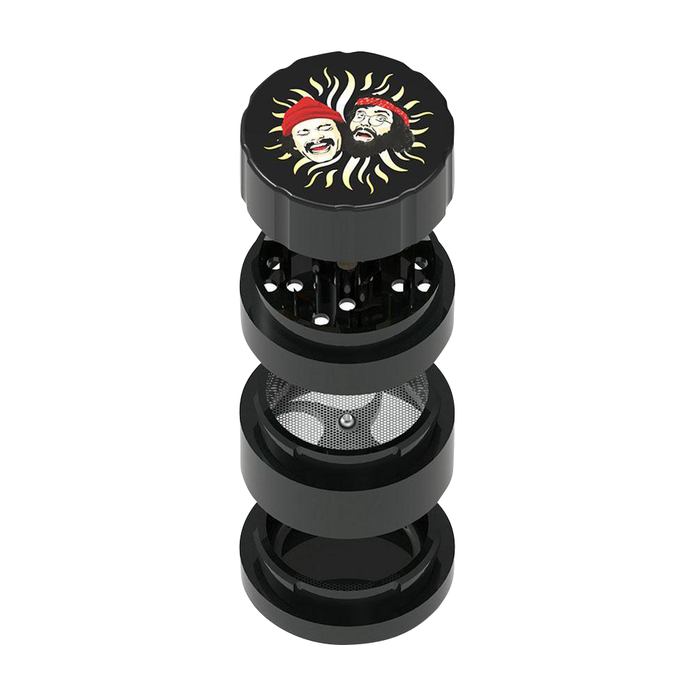 A detailed, angled view of the Cheech & Chong 40th Anniversary Grinder, showcasing its multi-tiered metallic design.