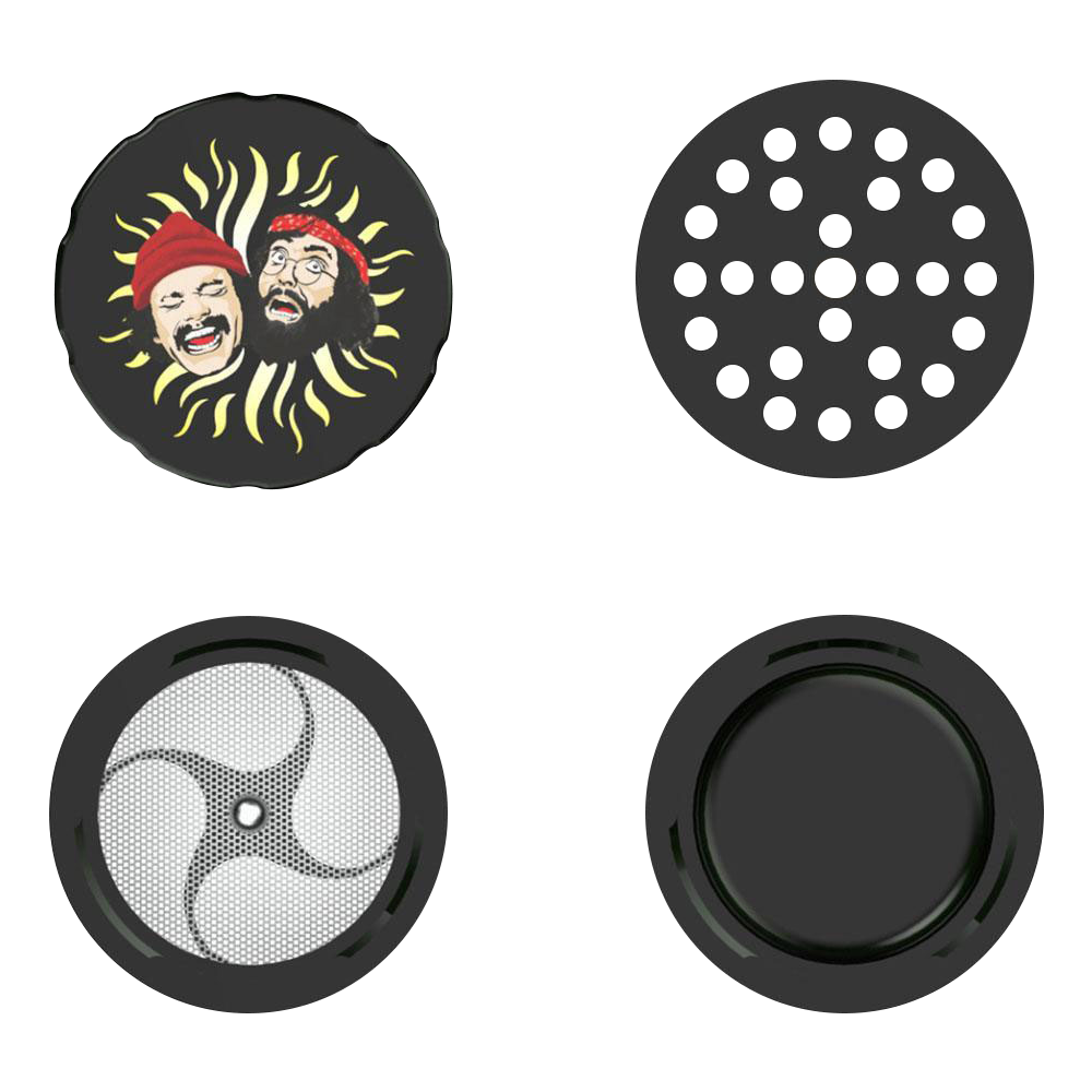 Top-down view of the Cheech & Chong 40th Anniversary Grinder, revealing a circular, multi-piece metallic design.
