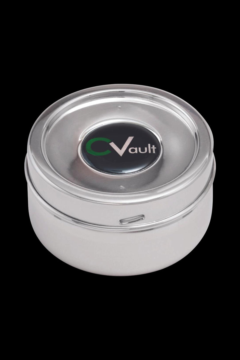 A front view of the CVault Stainless Steel Storage Container - Twist, showcasing its cylindrical shape and polished metal finish.