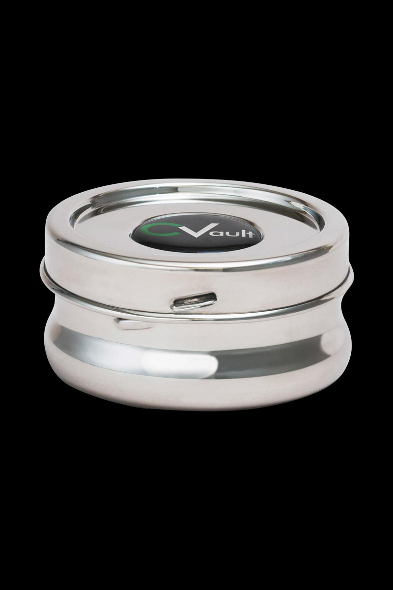 A centered, close-up shot of the CVault Stainless Steel Storage Container - Twist, reflecting light on its polished metal surface.