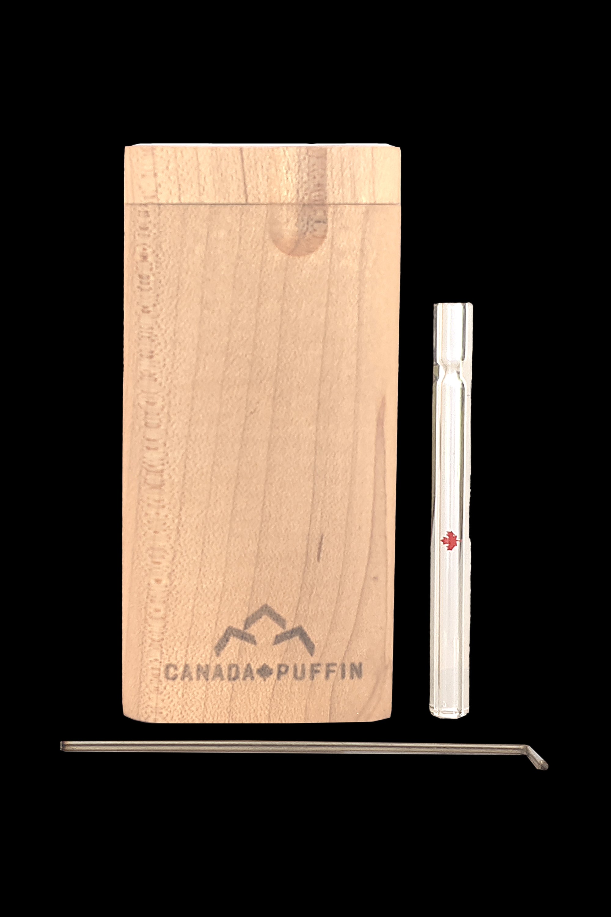 Wooden dugout one-hitter with glass smoking pipe and cleaning tool, branded “Canada Puffin.”