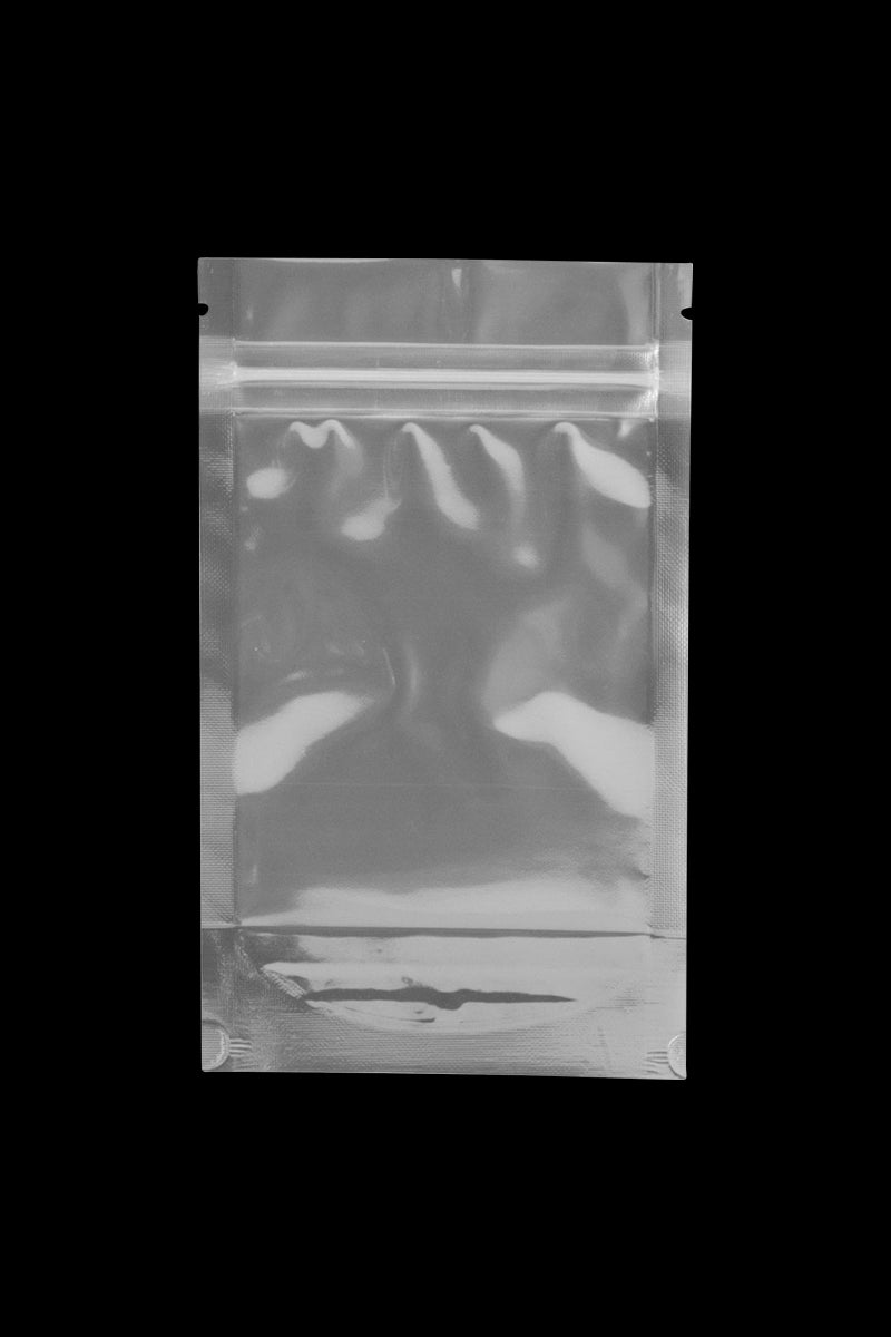 Centered front view of a clear Cannaline Smell Proof Bags pouch with a resealable zip and heat-sealed edges against a black background