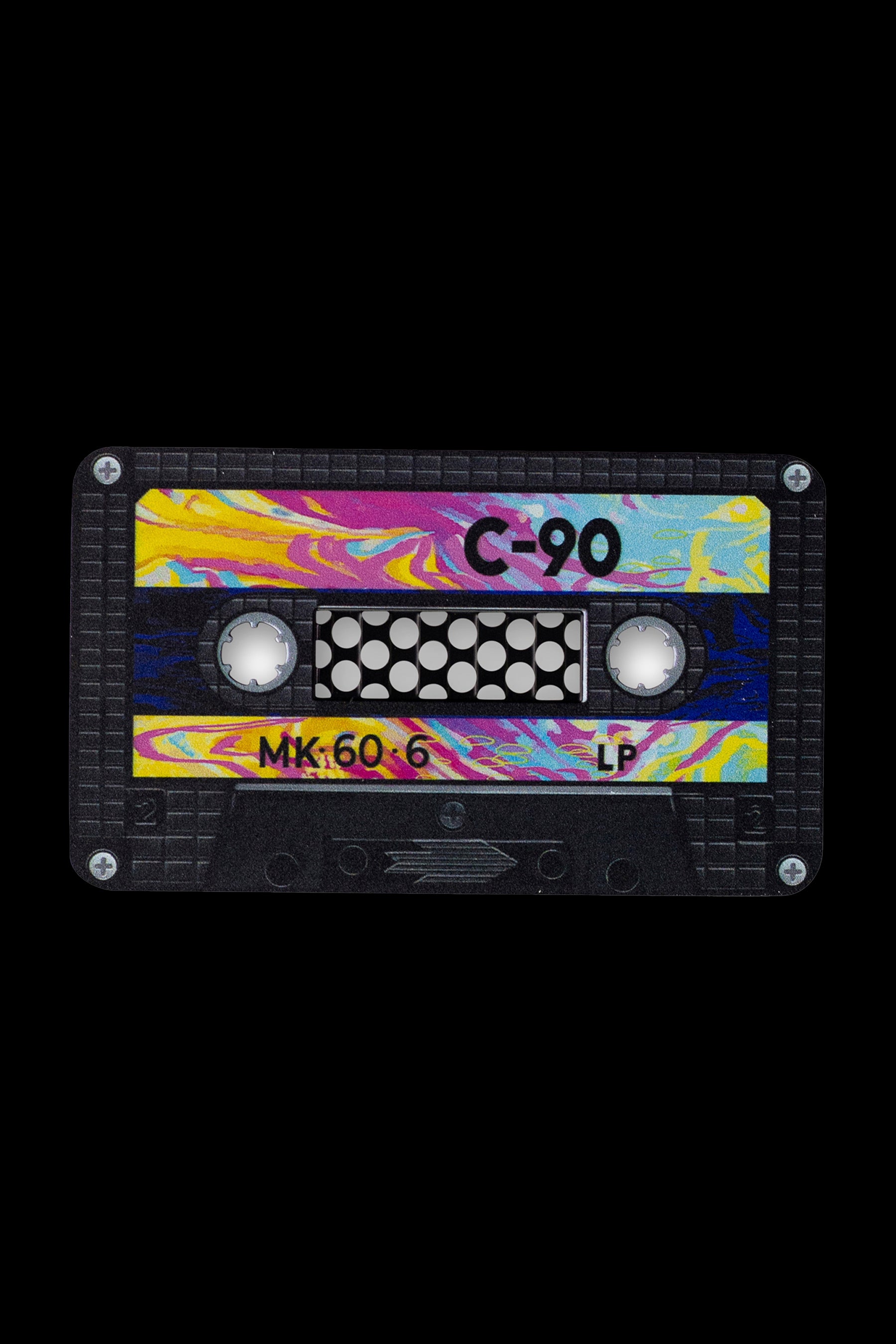 A retro cassette tape graphic with a marbled, colorful pattern resembling cannabis buds and leaves.