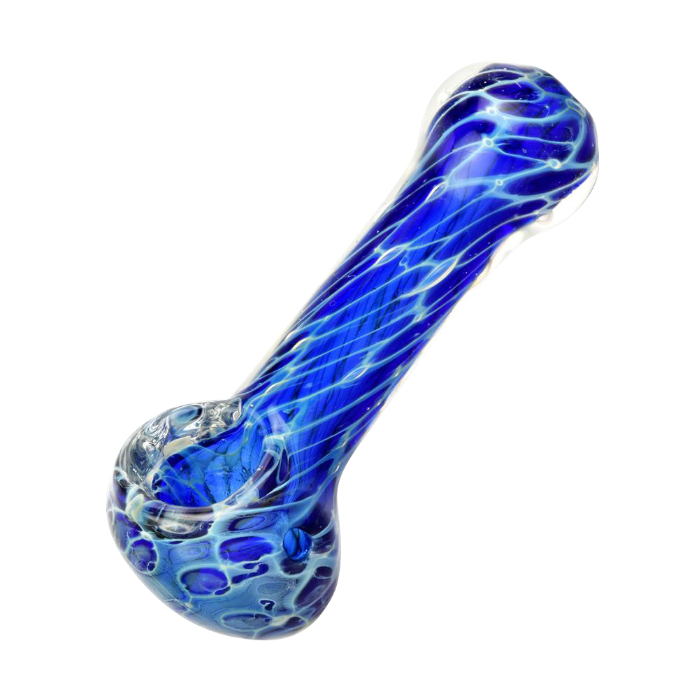 A three-quarter view of the Cellular Blue Glass Spoon Pipe, showcasing its curved form and swirling blue glass pattern.