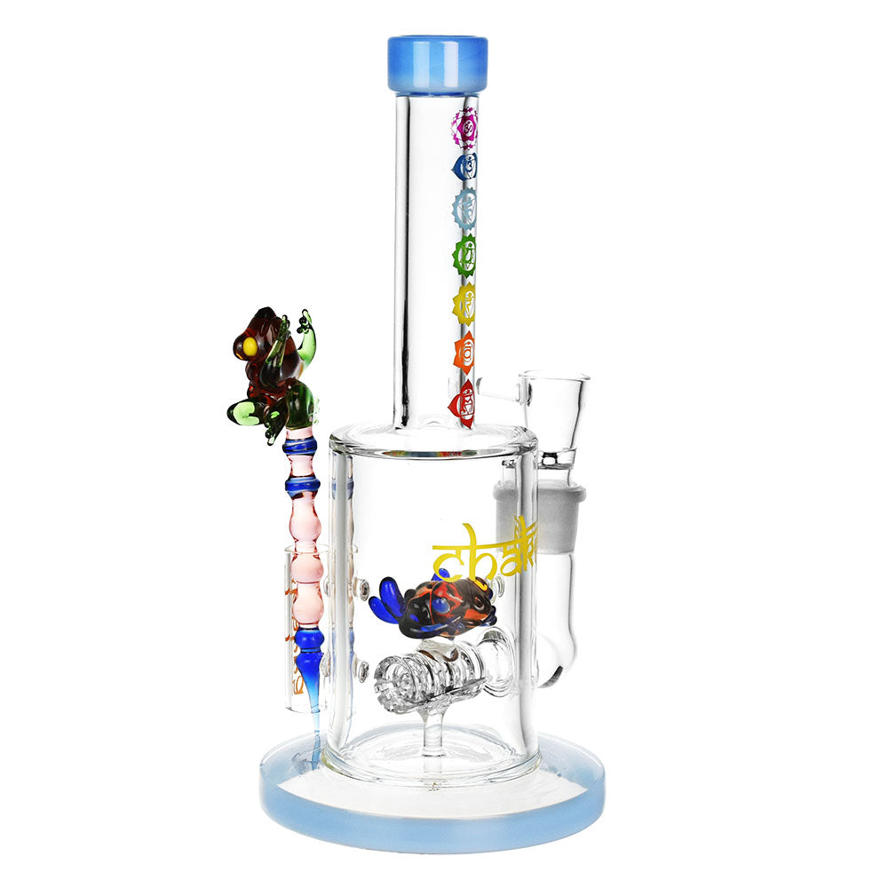 Front view of the Chakra Frog Water Pipe with Stir Tool, showcasing a clear glass pipe with a frog-shaped accent and blue trim.
