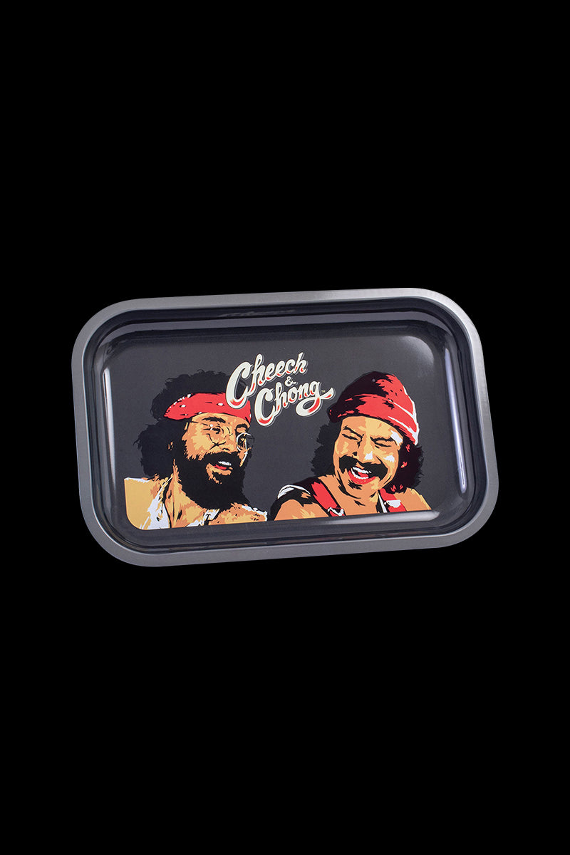 A top-down view of the Cheech & Chong Metal Rolling Tray - Laughing Friends, showcasing a colorful graphic of the duo on a silver metal surface.
