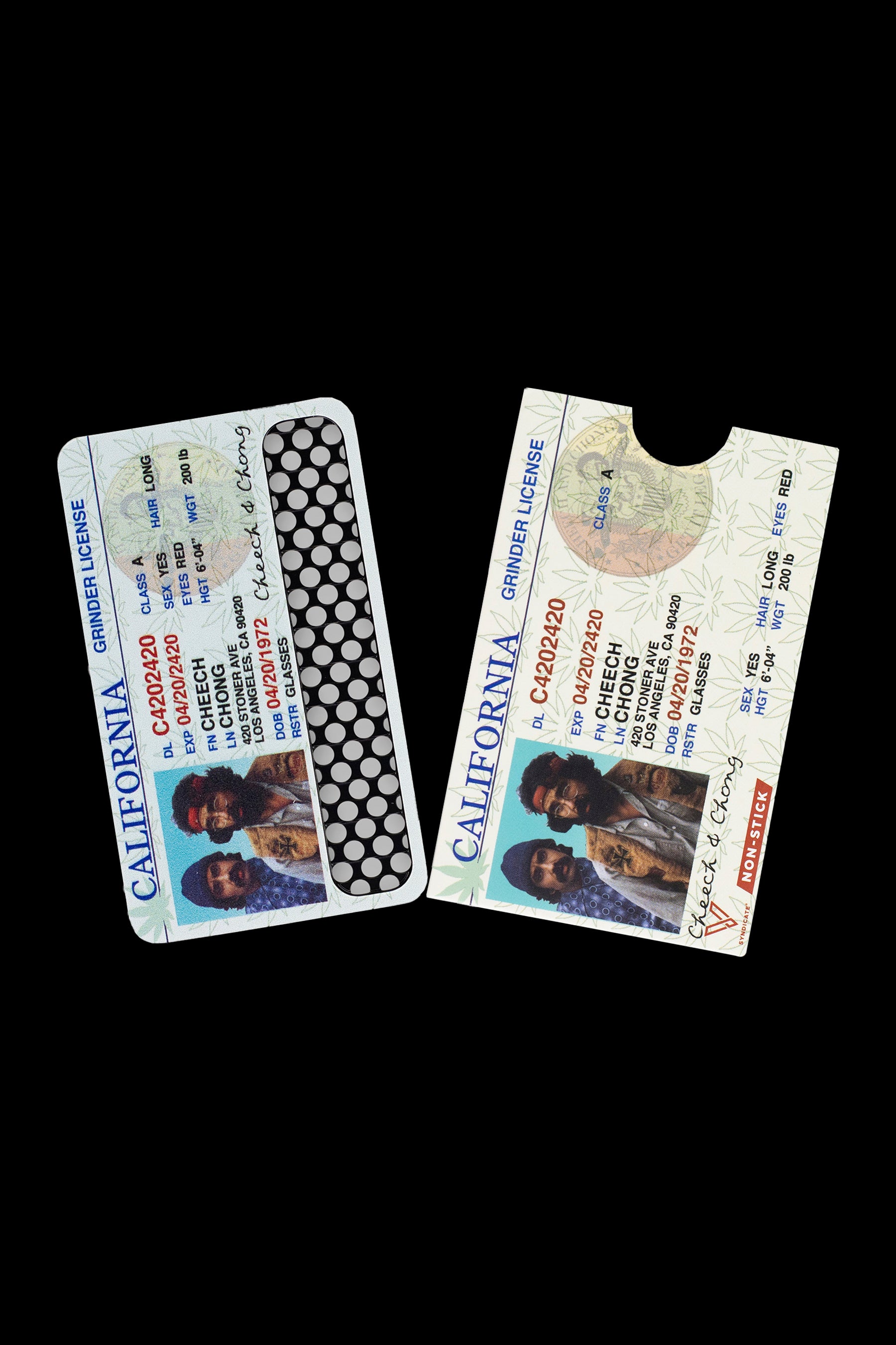 Two novelty “California Grinder License” cards featuring Cheech Marin, resembling driver’s licenses with humorous details related to cannabis use.