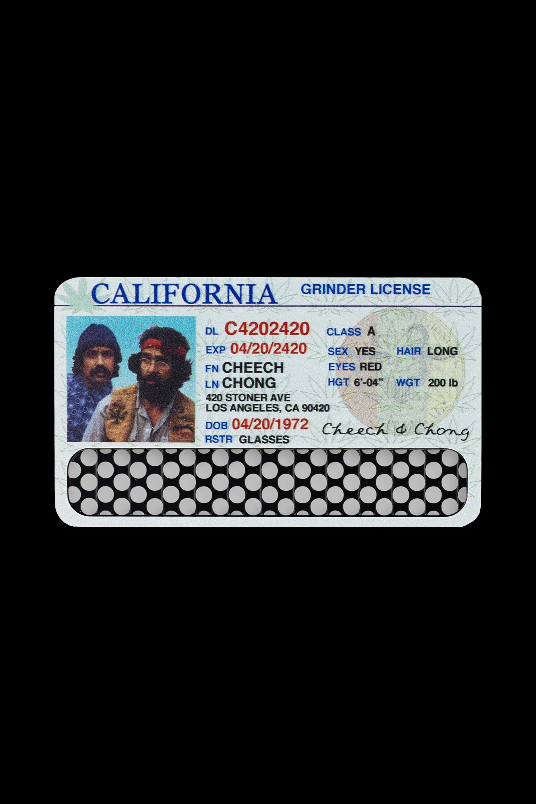 A novelty California driver’s license for “Cheech & Chong” with a photo of the comedy duo, referencing the 4/20 cannabis holiday.