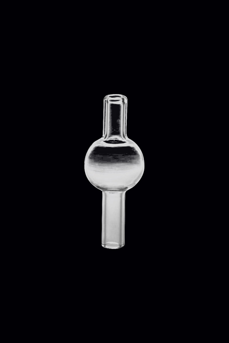 Centered front view of a clear Chemical Thermal Bubble Carb Cap against a solid black background, showing its spherical midsection and straight tubular stem.