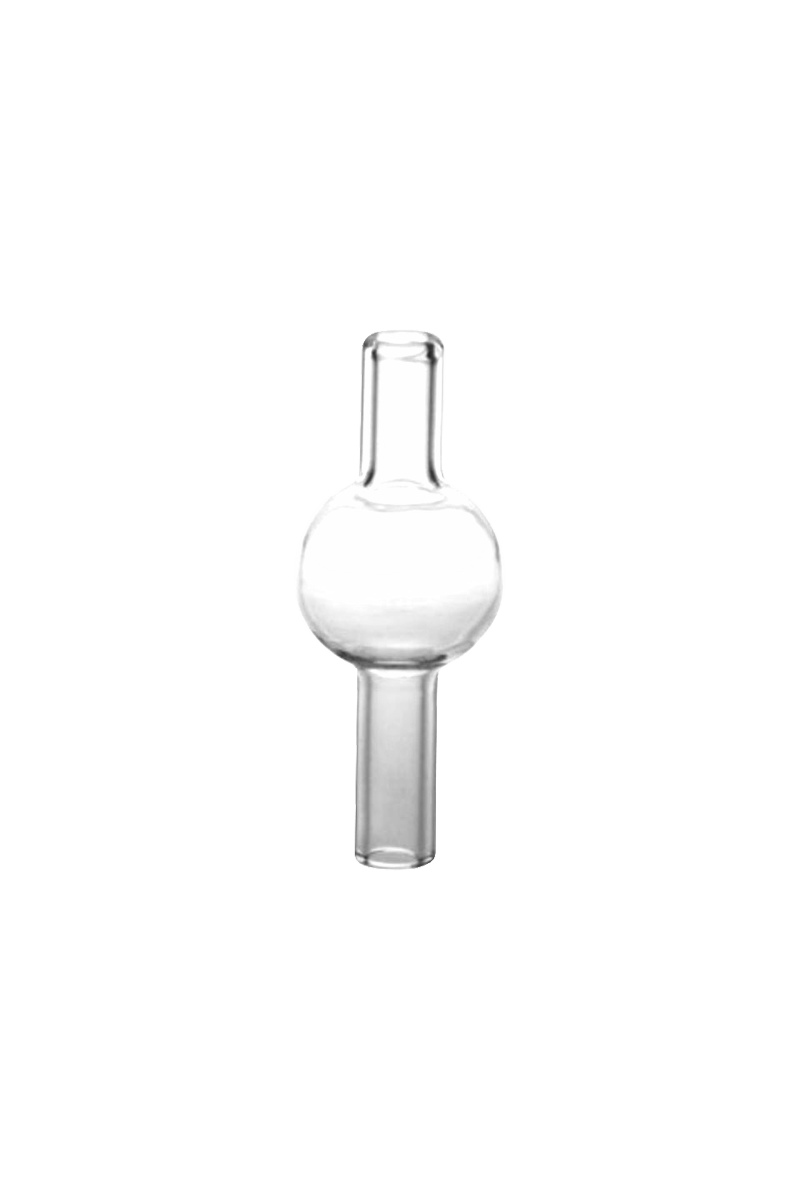 Centered front view of a clear Chemical Thermal Bubble Carb Cap showing its spherical midsection and straight tubular ends against a white background.