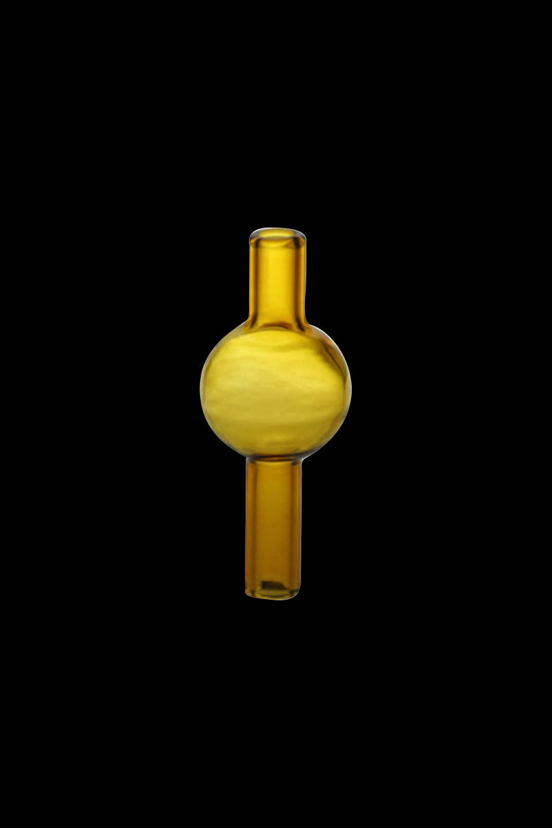 Centered front view of a golden glass Chemical Thermal Bubble Carb Cap against a solid black background.