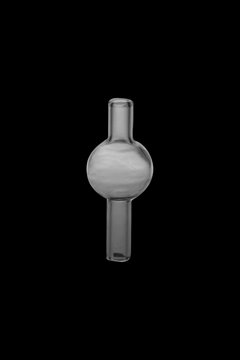 Centered frontal view of the Chemical Thermal Bubble Carb Cap showing its clear spherical body with two short tubular stems against a black background.