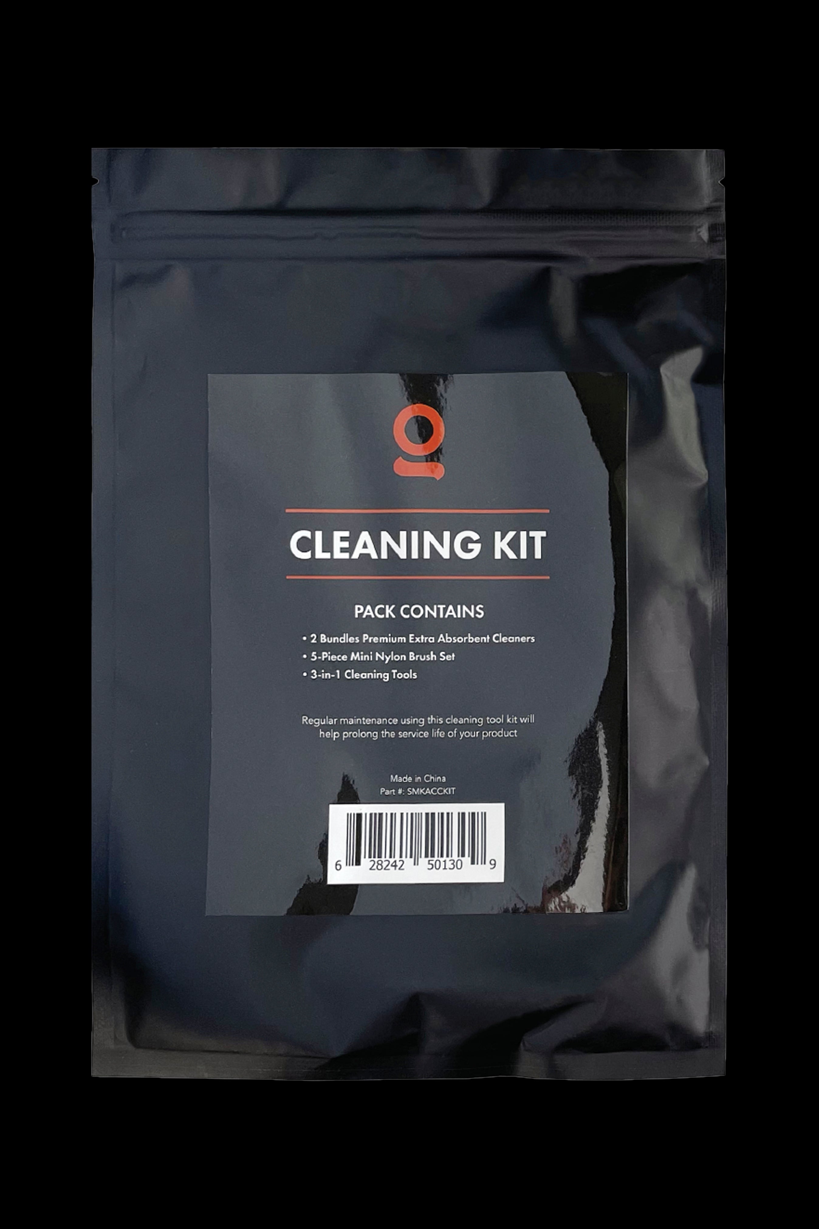 Packaging for a cannabis cleaning kit, including cleaning brushes and absorbent cleaners.