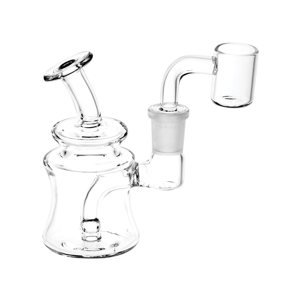 Front view of the Clear Glass Mini Rig, showing a small, clear glass rig with a curved mouthpiece and visible joint.