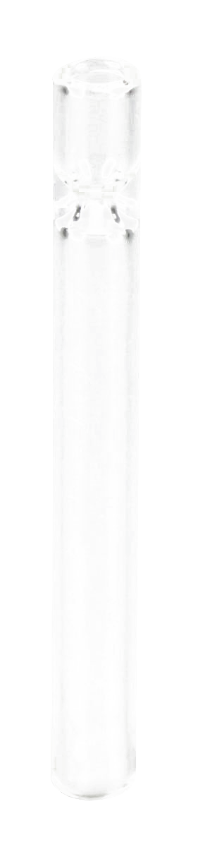 Tall, centered studio shot of the Basic Clear Glass Taster Pipe showing its clear cylindrical body and rounded top against a white background