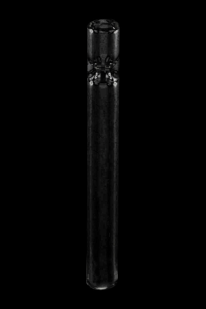 Straight-on view of the Basic Clear Glass Taster Pipe, a small clear glass tube photographed against a black background.