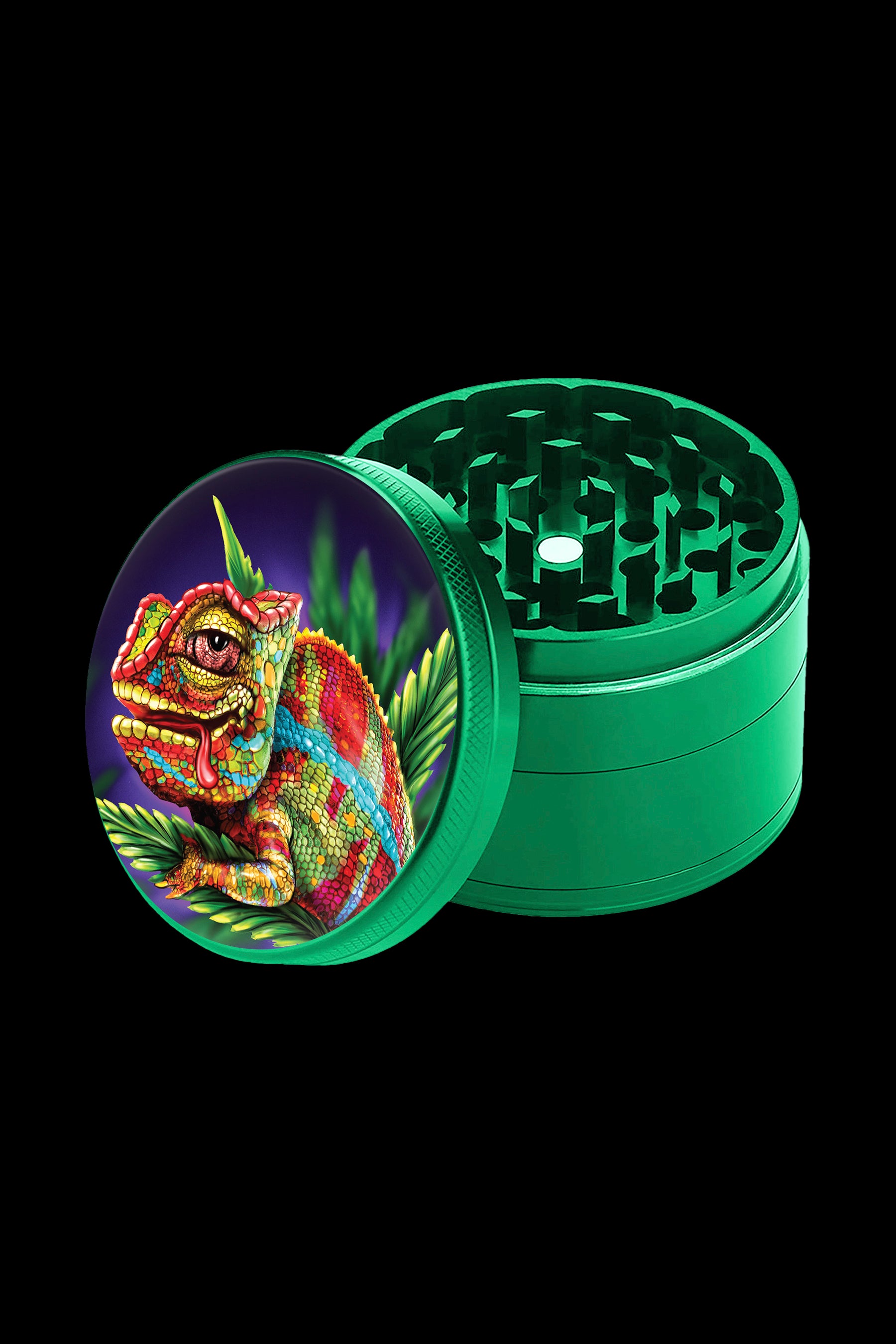 Green four-piece grinder with a colorful chameleon design on the lid, partially open to reveal the grinding mechanism.