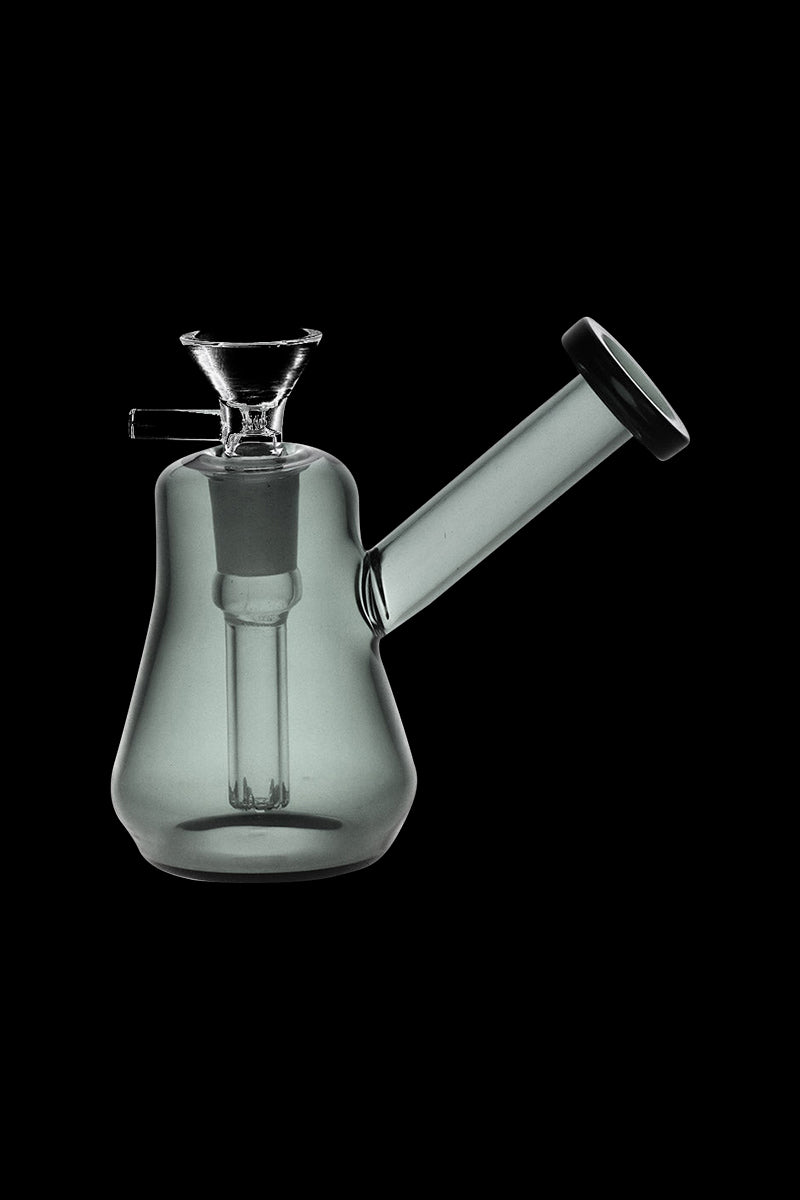A side view of the Compact Travel Bubbler, showcasing its clear glass construction and compact size.