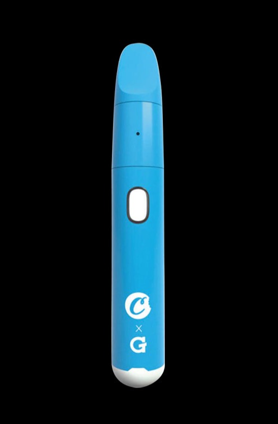 Front view of the Cookies x G Pen Micro+ Concentrate Vaporizer, a silver and blue pen-style device with a minimalist design.
