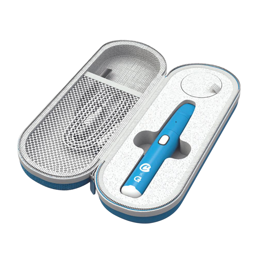 Top-down view of the open Cookies x G Pen Micro+ Concentrate Vaporizer case, revealing the blue device nestled in molded foam.