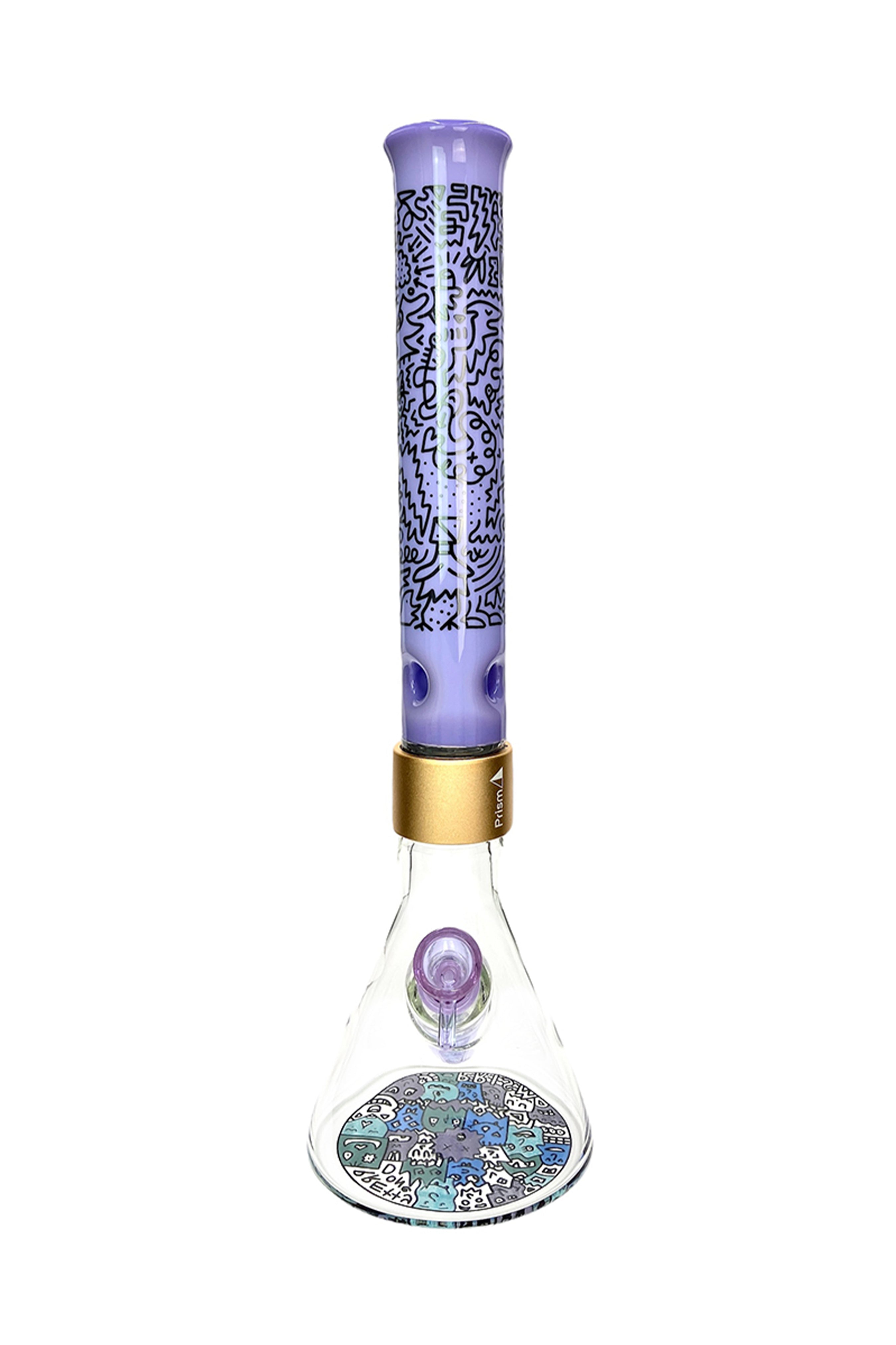 Purple glass water pipe with abstract doodle pattern and gold accent.