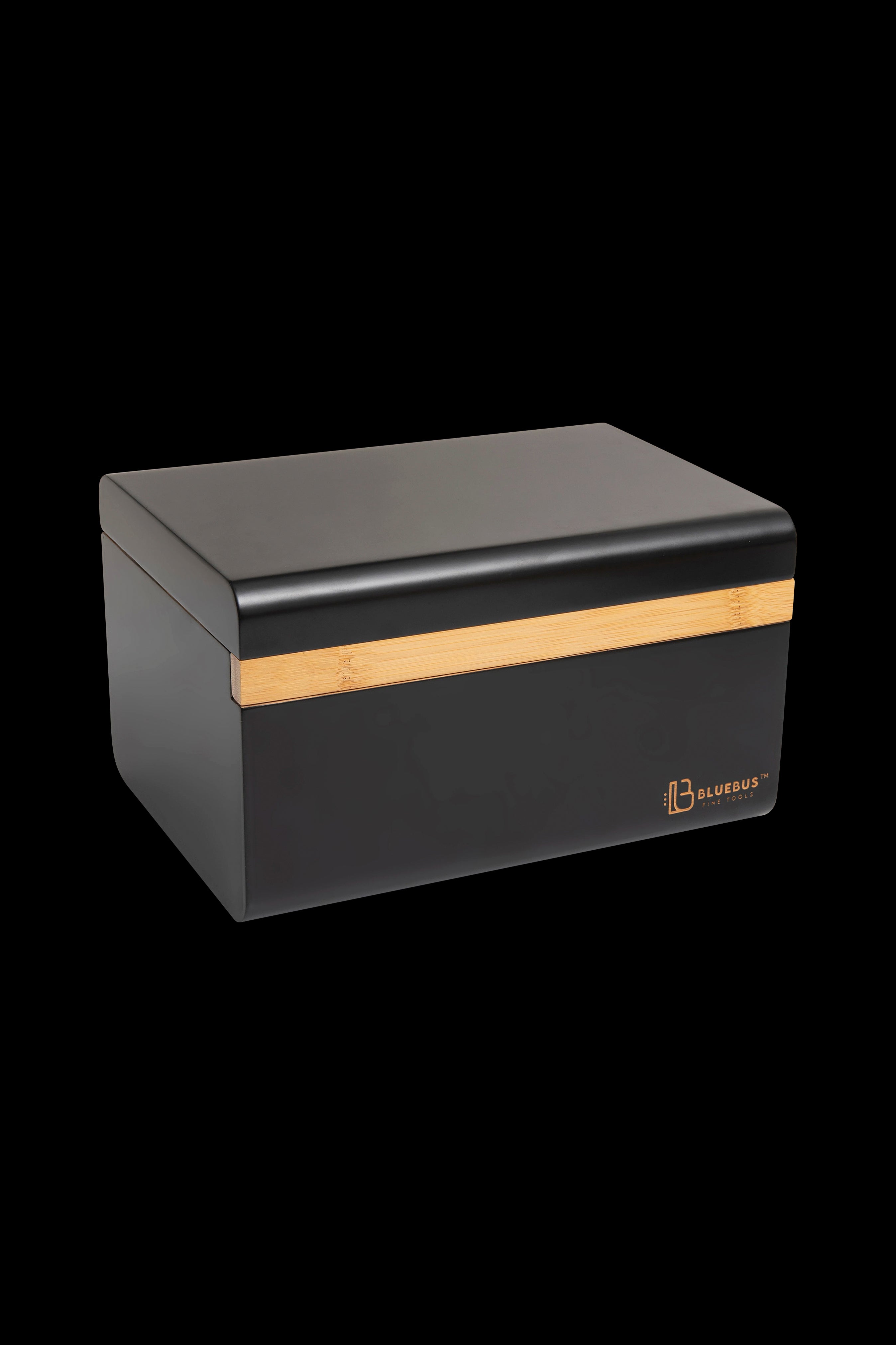 Black and wood cannabis storage box with “Bluebus” logo.