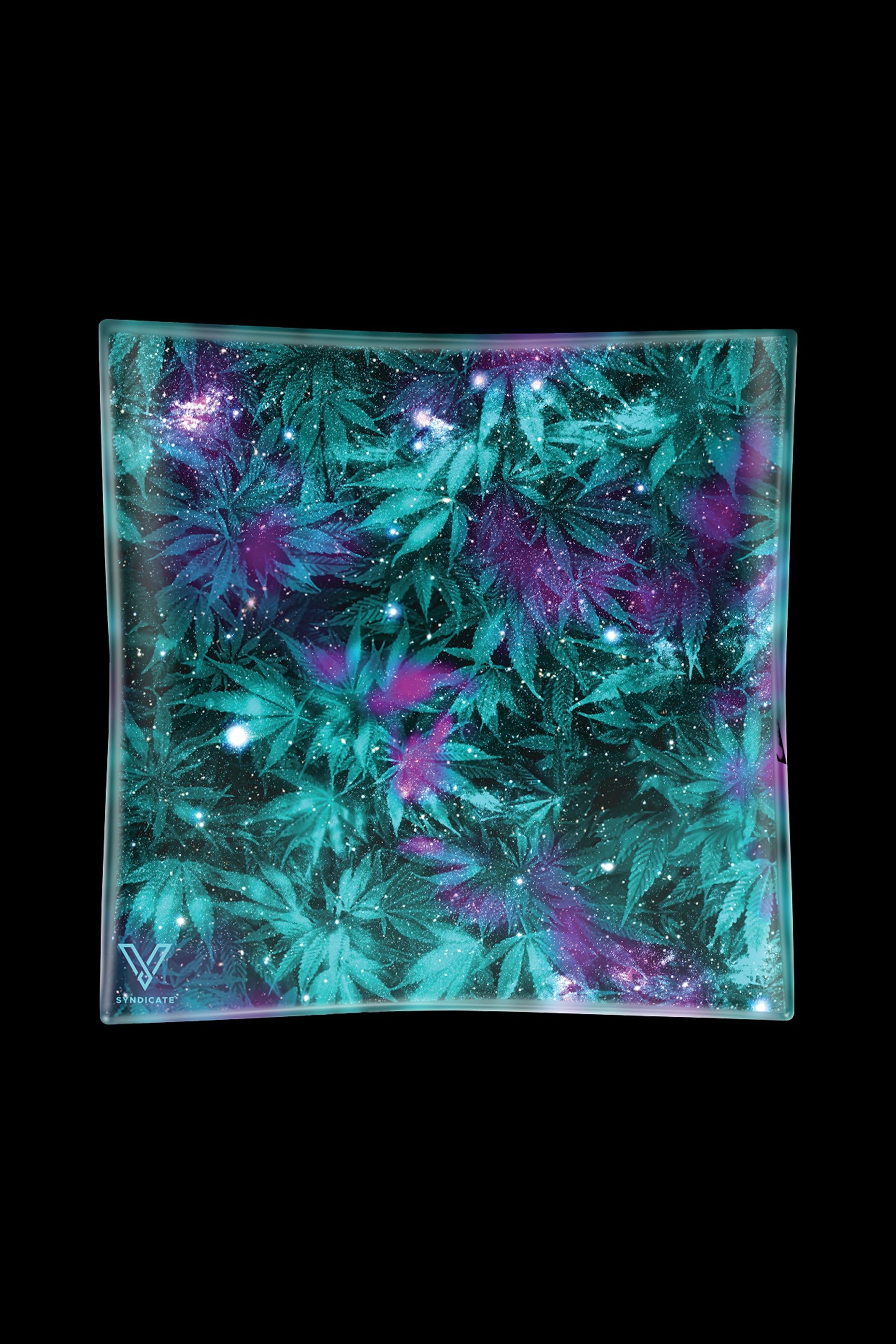 A vibrant glass ashtray with a galaxy-inspired design featuring cannabis leaves and sparkling accents, against a black background.