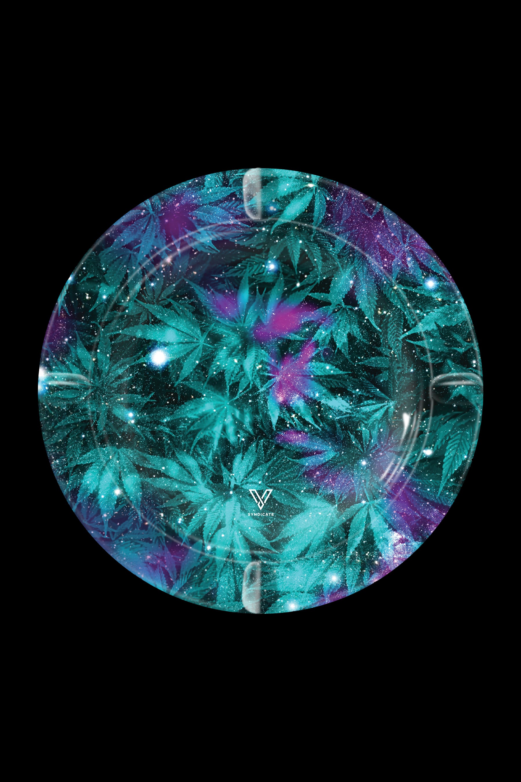 A circular tray with a cosmic cannabis leaf pattern, featuring teal, purple, and glitter accents, with a brand logo at the center.