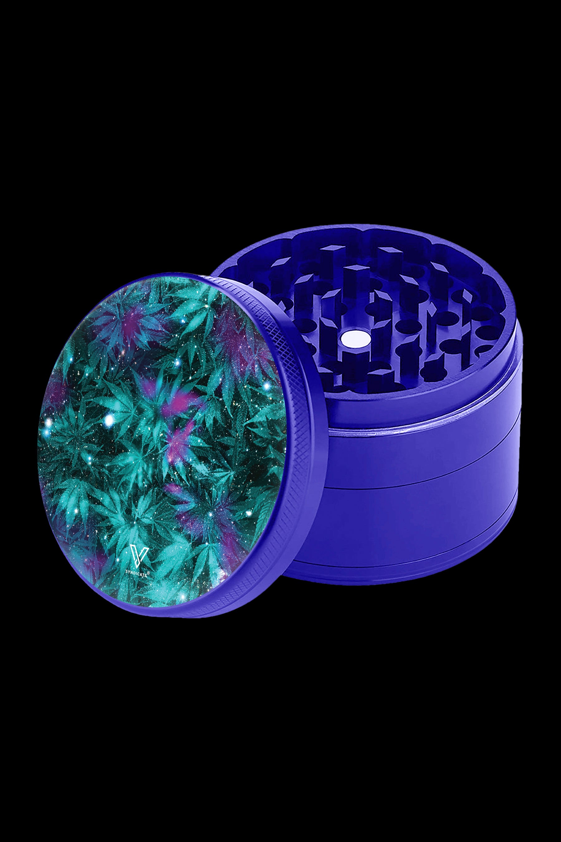 Blue and green cannabis grinder with a space-themed leaf design.