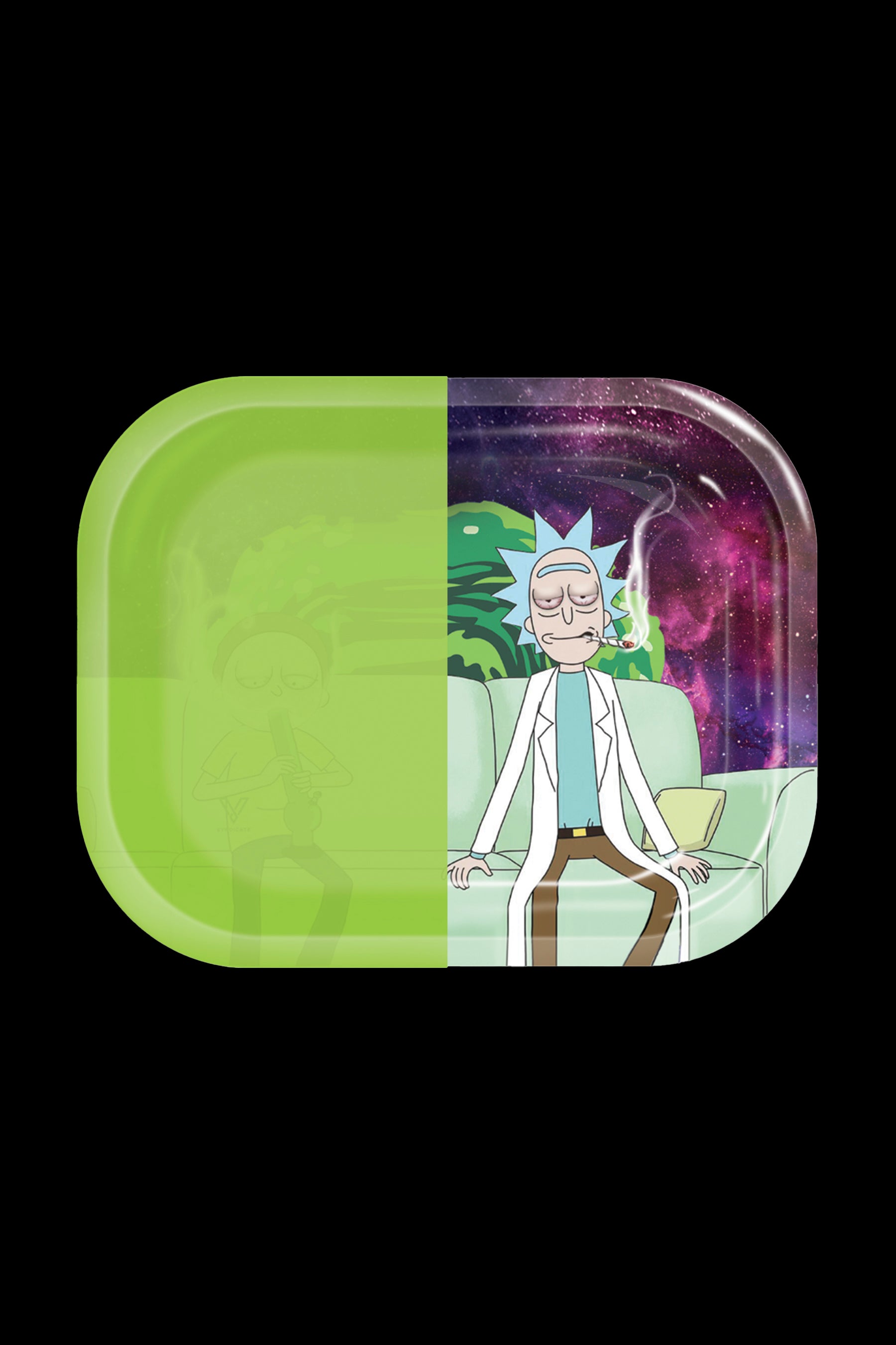 Rick and Morty-themed rolling tray with a green side and a space-themed side featuring Rick smoking.