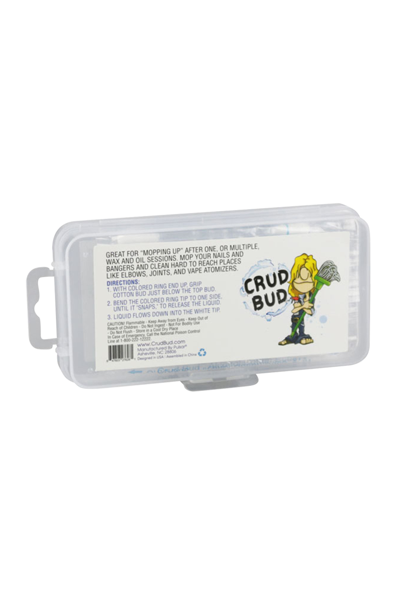 A close-up of the Crud Bud Alcohol Filled Cotton Buds packaging, showing a blue plastic container with product instructions.