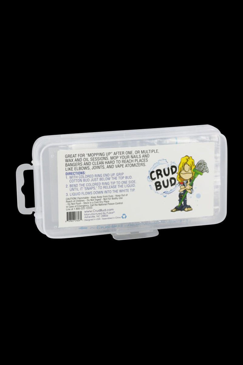 A close-up of the Crud Bud Alcohol Filled Cotton Buds packaging, displaying text and branding against a white backdrop.