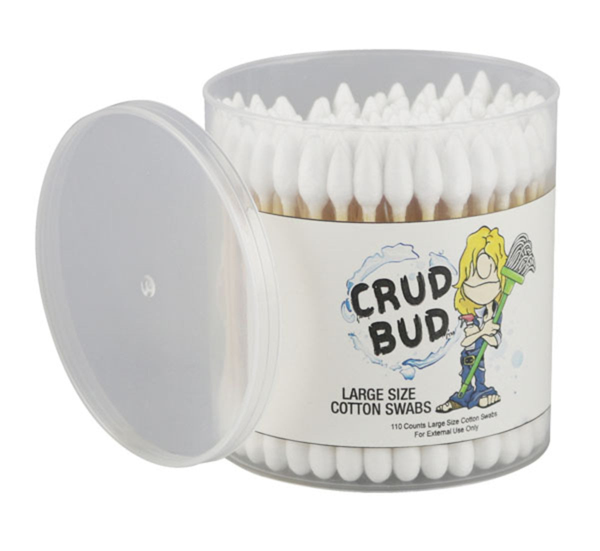 Angled front view of a clear tub of Crud Bud Cotton Swabs Tips - 110 Pack showing packed white cotton tips and the lid off to the side.