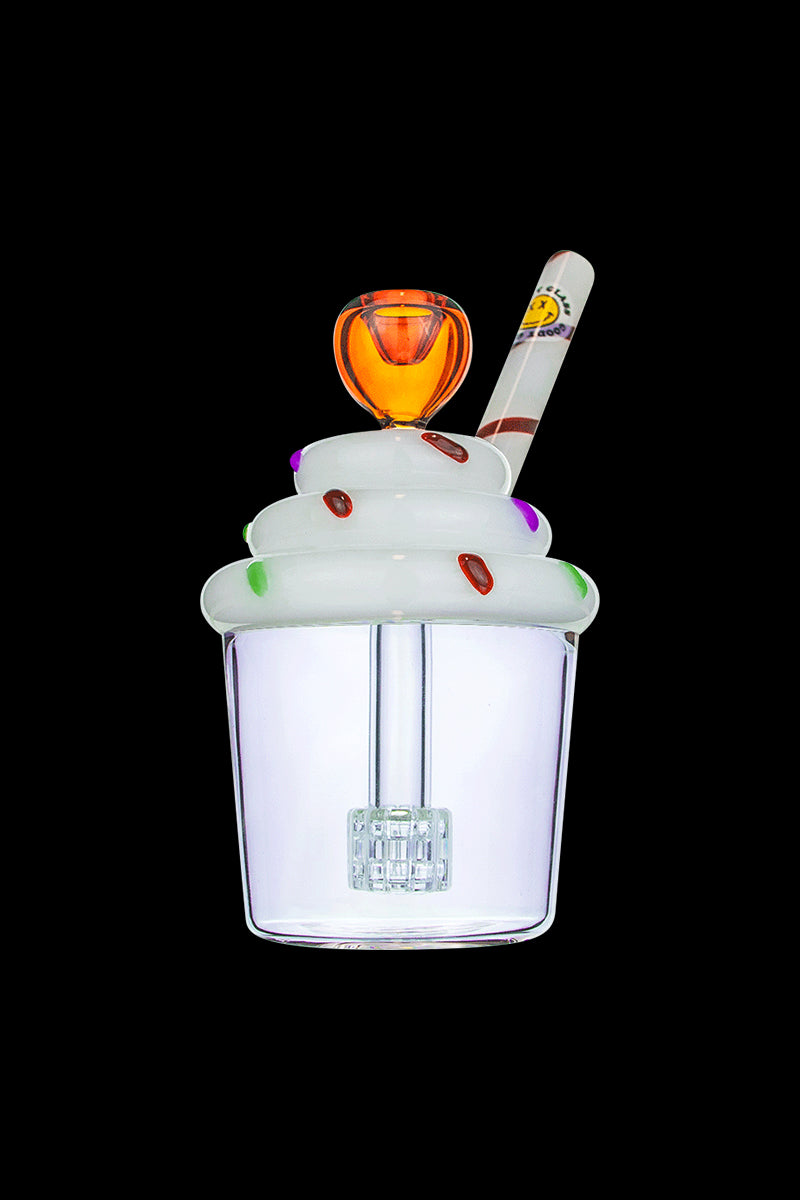 Front view of the Goody Cupcake Bubbler, a clear glass bubbler shaped like a cupcake with a colorful mouthpiece.