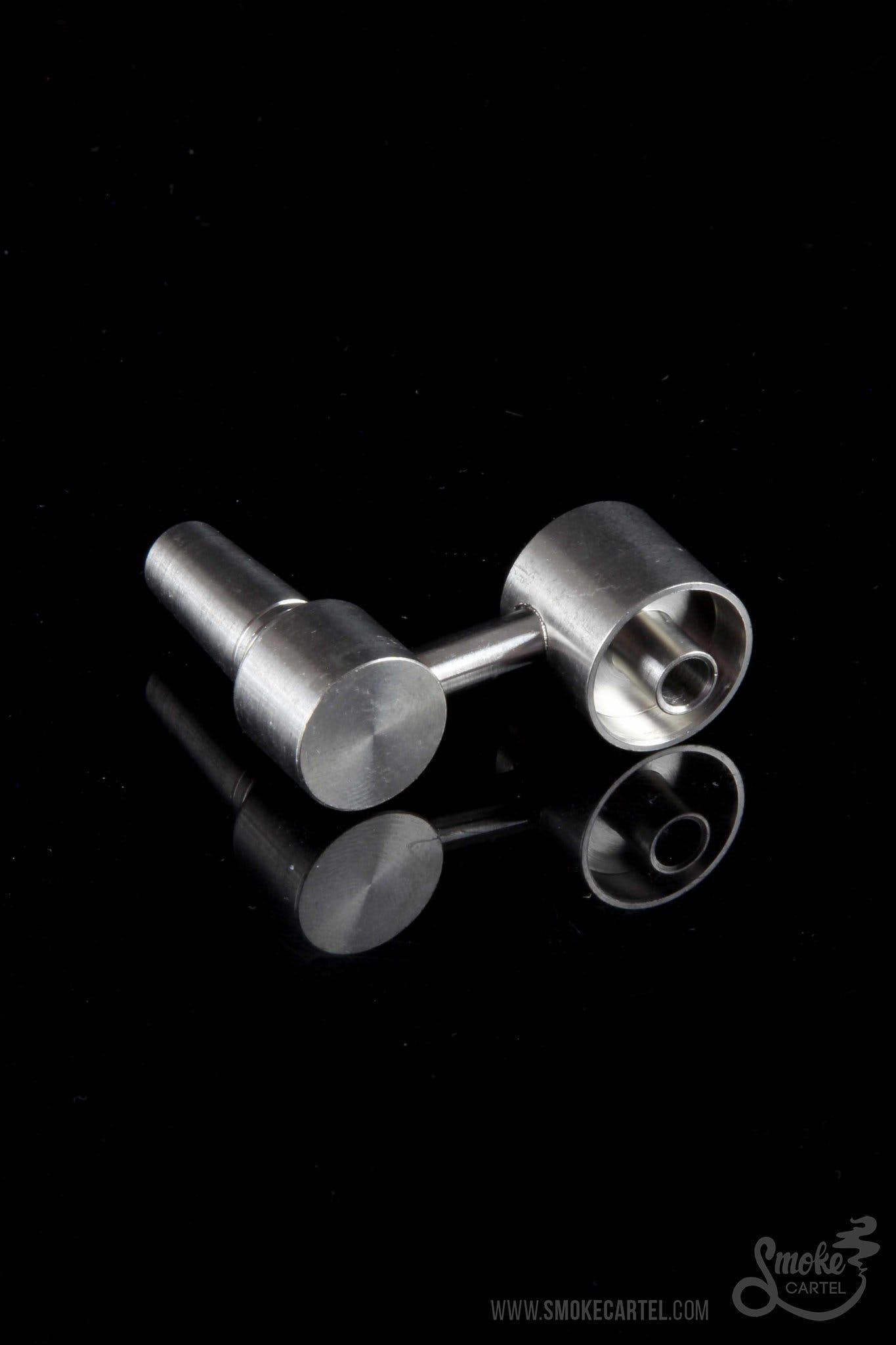 A close-up, angled view of the 10mm Male Sidearm Style Domeless Titanium Nail, showcasing its metallic sheen and minimalist design.