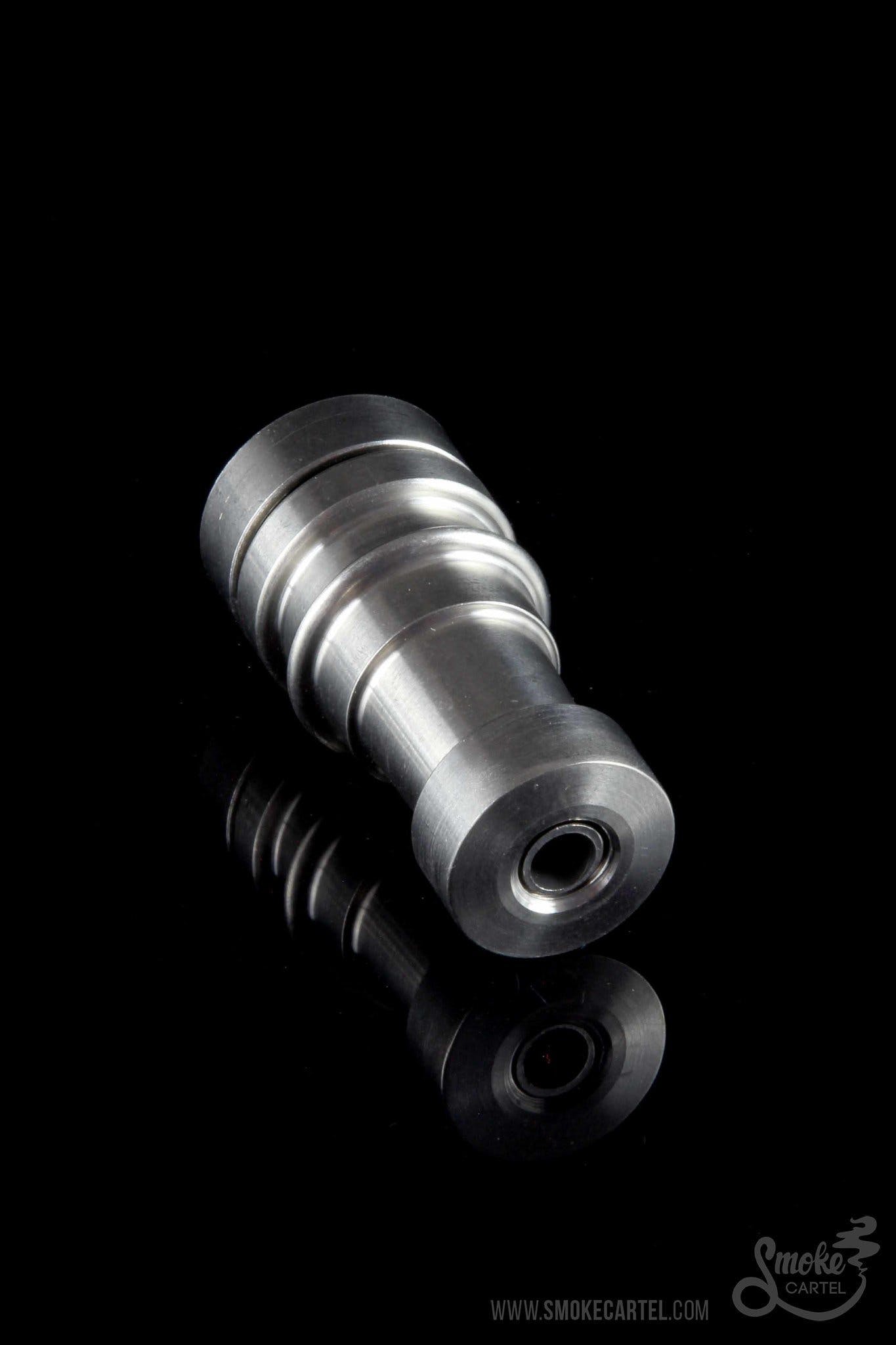Silver titanium nail for vaporizing cannabis concentrates, with base separated below.