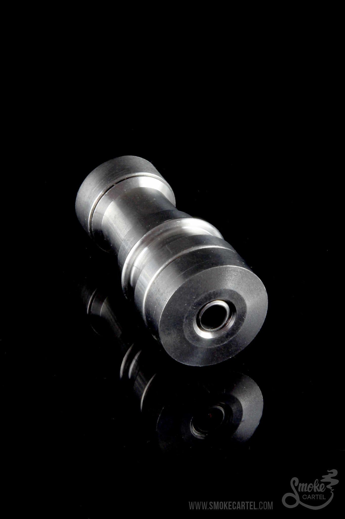 Silver titanium nail for vaporizing cannabis concentrates, displayed against a black background.