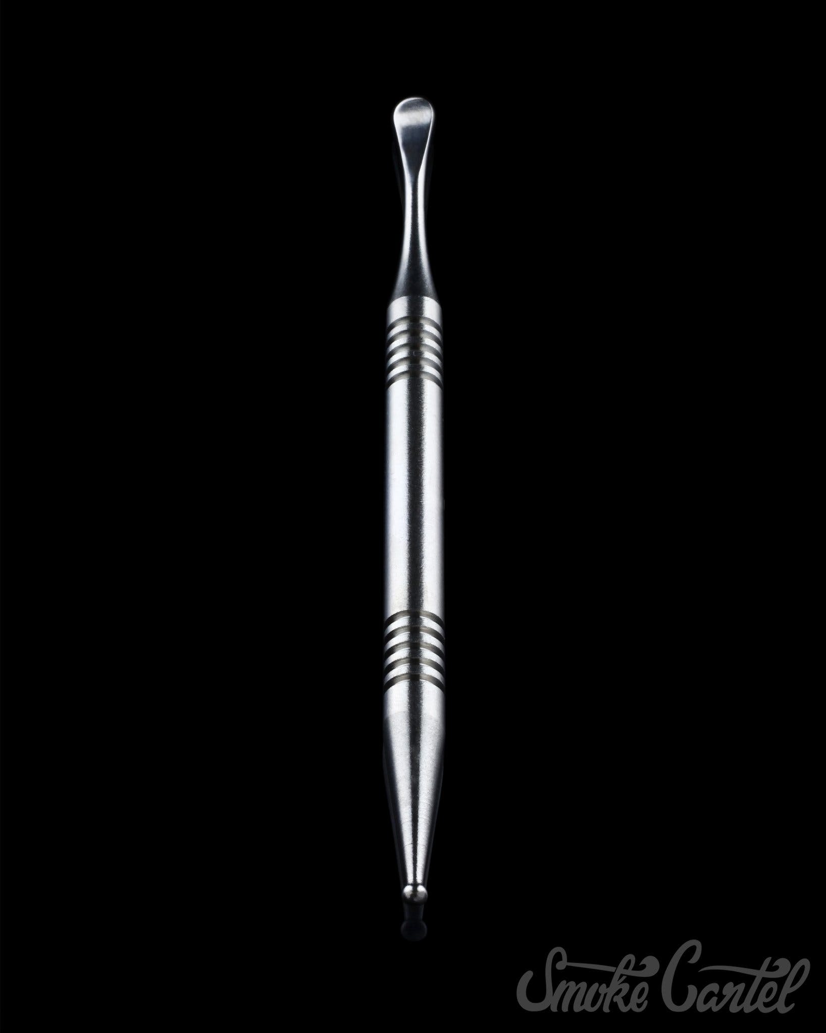 A close-up of the "4" Titanium Grade 2 Dual End Dabber Tool, showcasing its silver metallic finish and pointed tip.