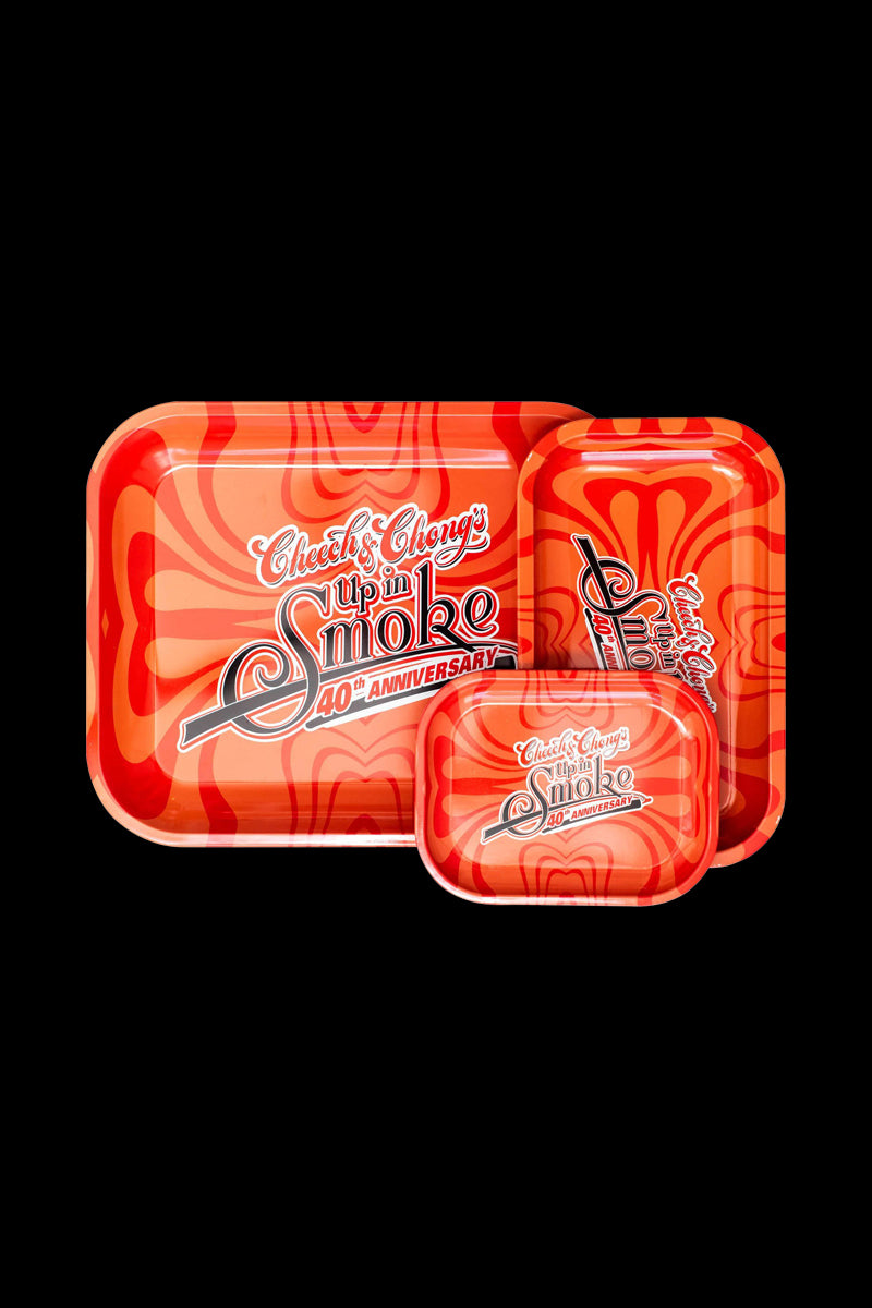 A top-down view of the Cheech & Chong Red Rolling Tray - 40th Anniversary, showcasing its vibrant red color and commemorative design.