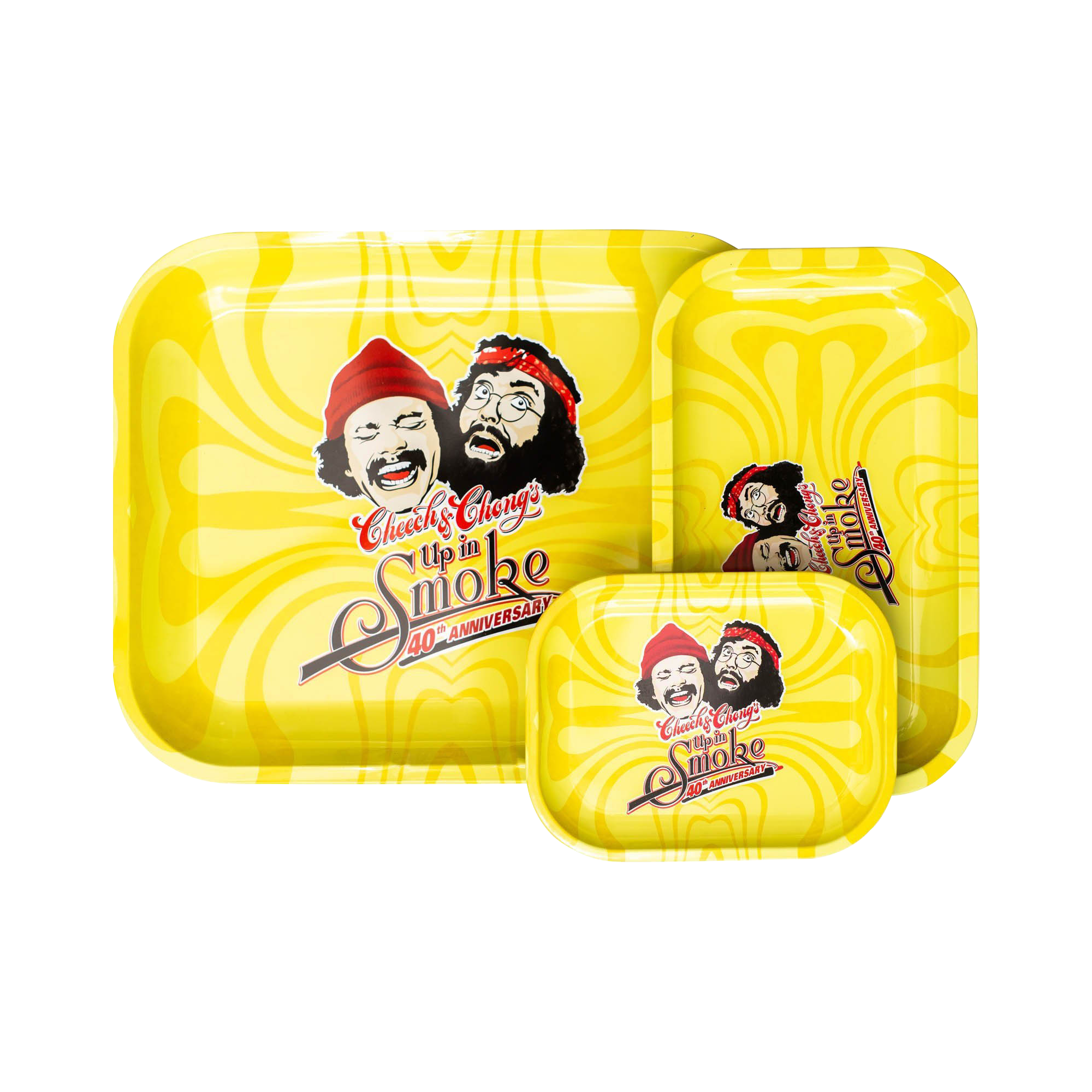 Overhead view of the Cheech & Chong 40th Anniversary Yellow Rolling Tray, displaying a vibrant yellow surface with branded artwork.