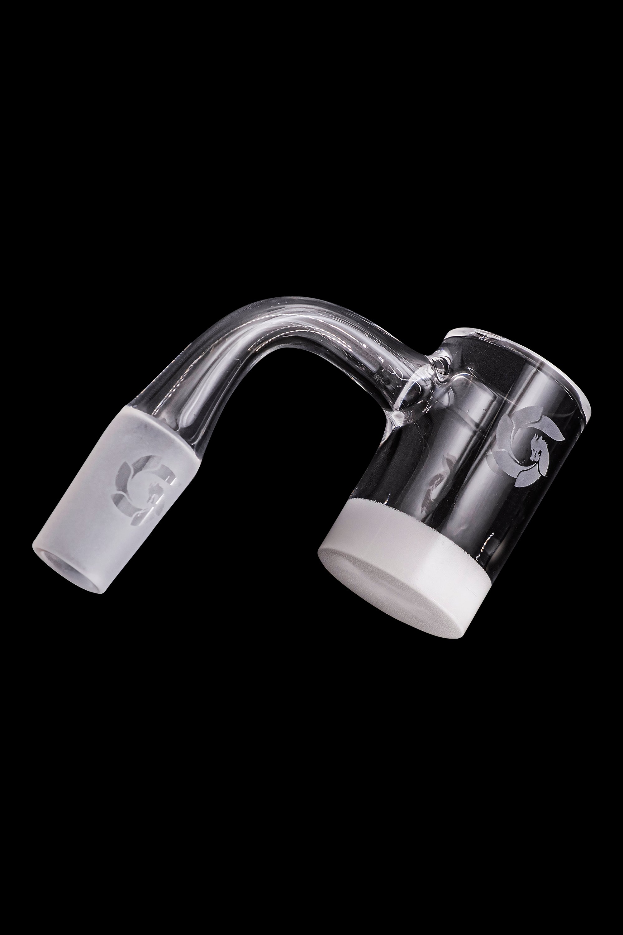 Clear glass dab rig with white accents and logo.