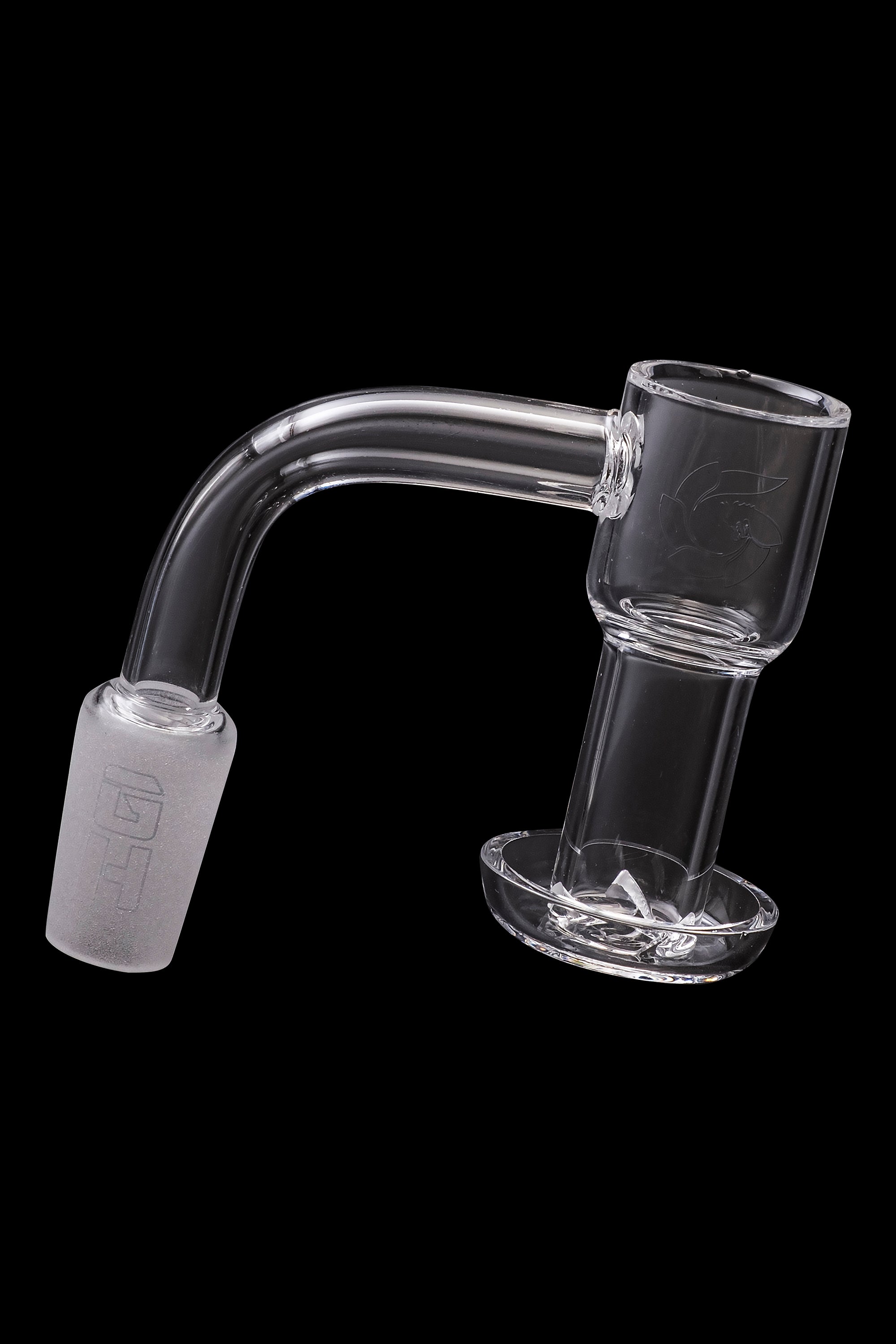 Clear glass dab rig attachment with a bent neck and quartz cup.