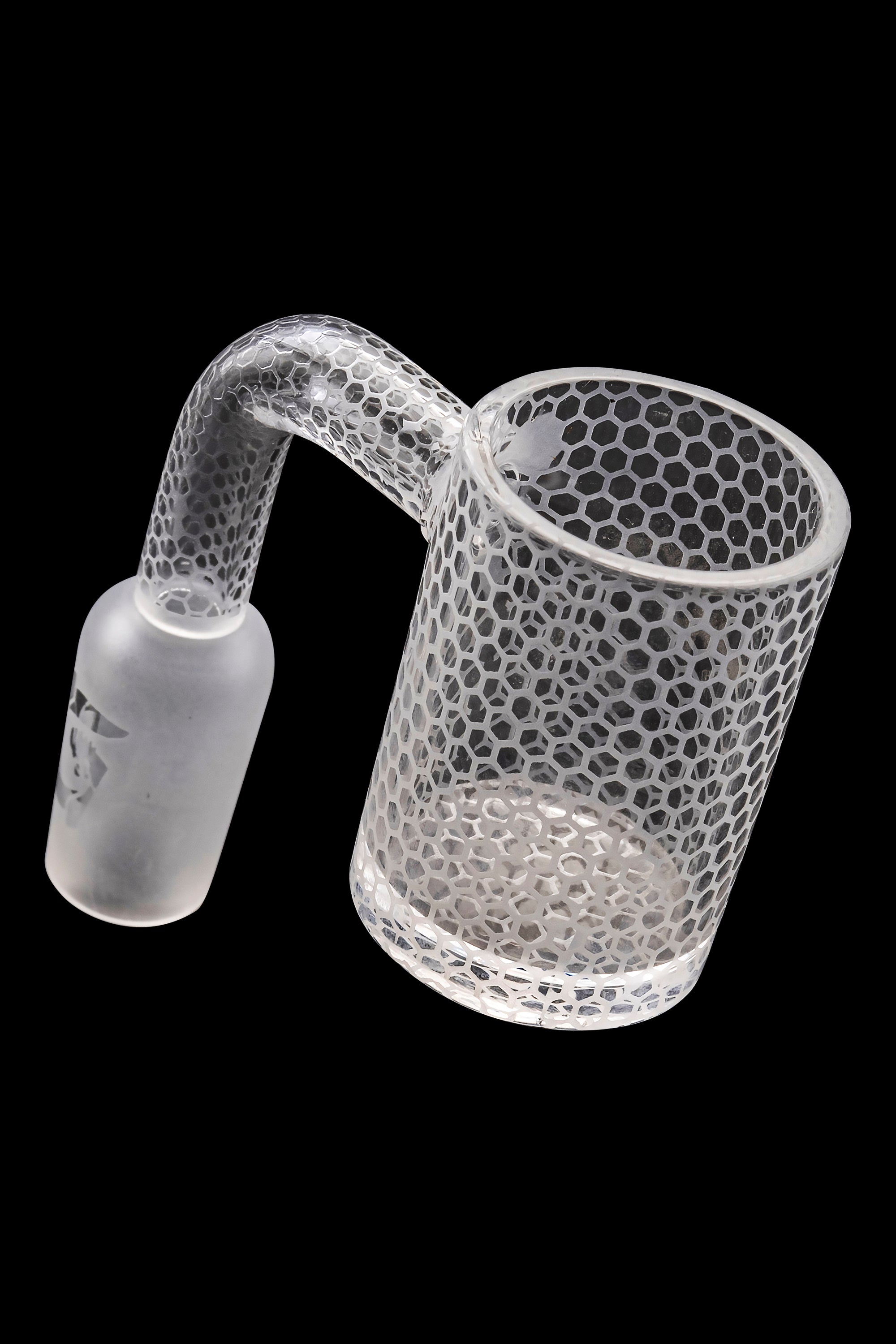 Frosted glass cannabis dab rig with honeycomb pattern.