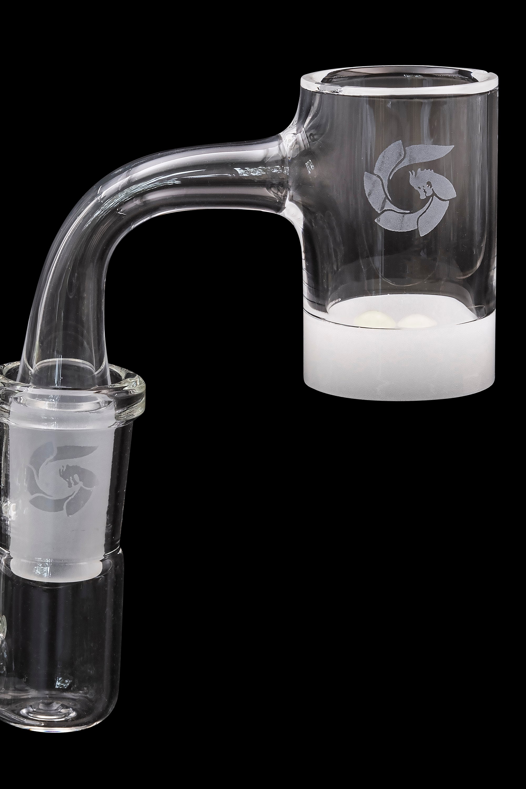 Clear glass dab rig attachment with a frosted white base and etched logo.